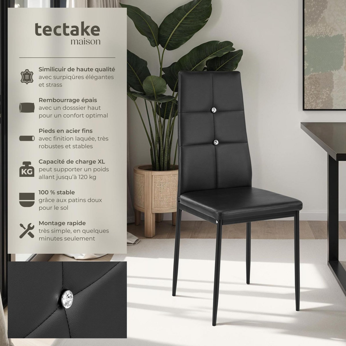 tectake Ensemble de chaises de salle à manger rembourré avec revêtement aspect cuir noir Lot de 4