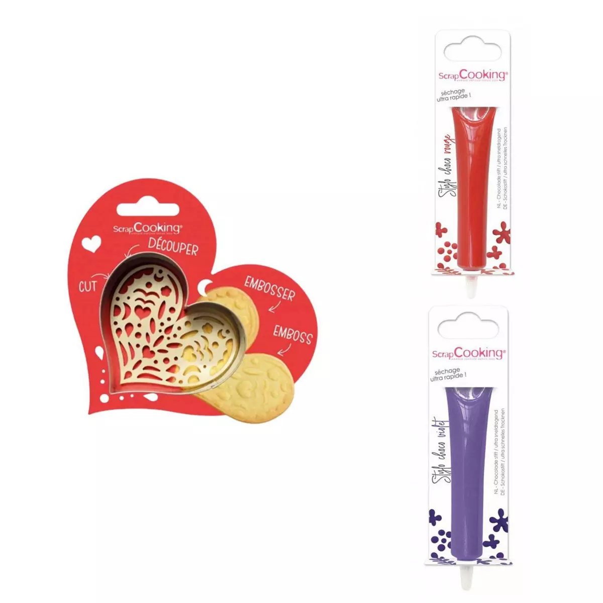 SCRAPCOOKING Kit pour biscuit en relief Coeur + 2 Stylos au chocolat rouge et violet