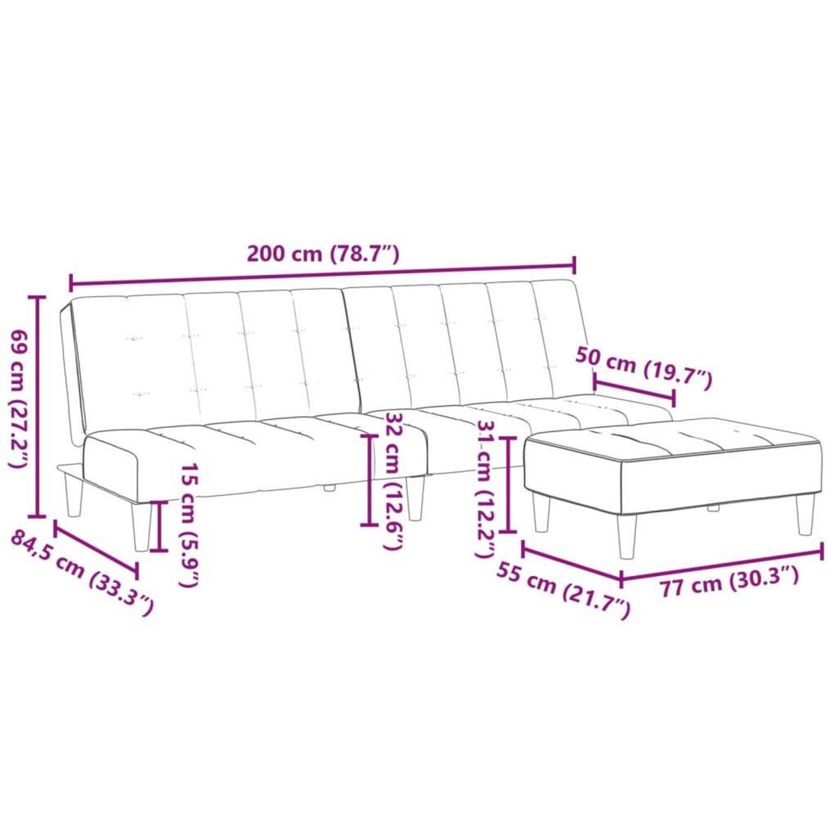 VIDAXL Canape-lit a 2 places avec repose-pied noir velours