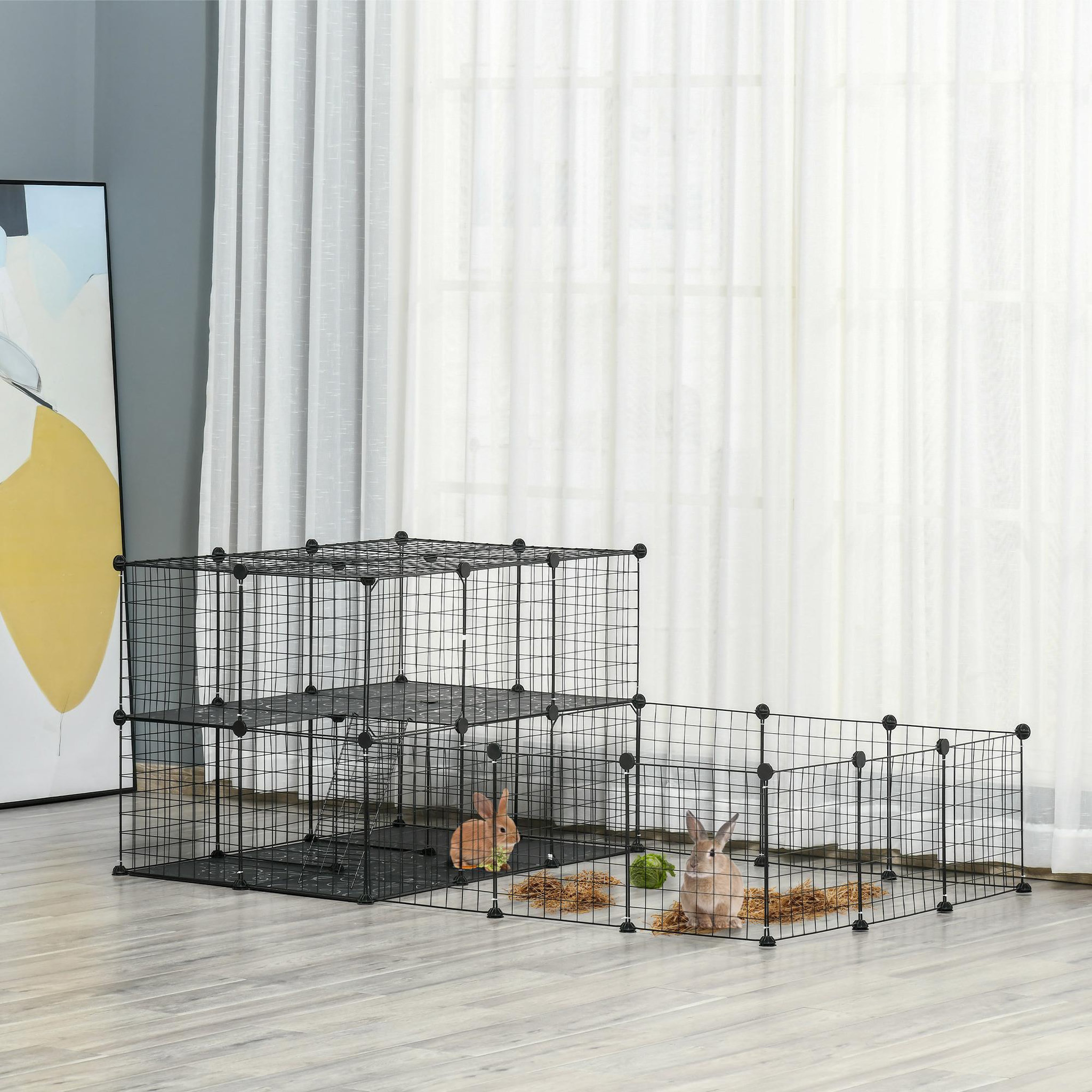 Voir la diapositive 2 : PAWHUT Cage parc enclos rongeurs modulable dim. L 175 x l 105 x h 70 cm 2 niveaux 2 portes rampe résine pp fil métallique noir
