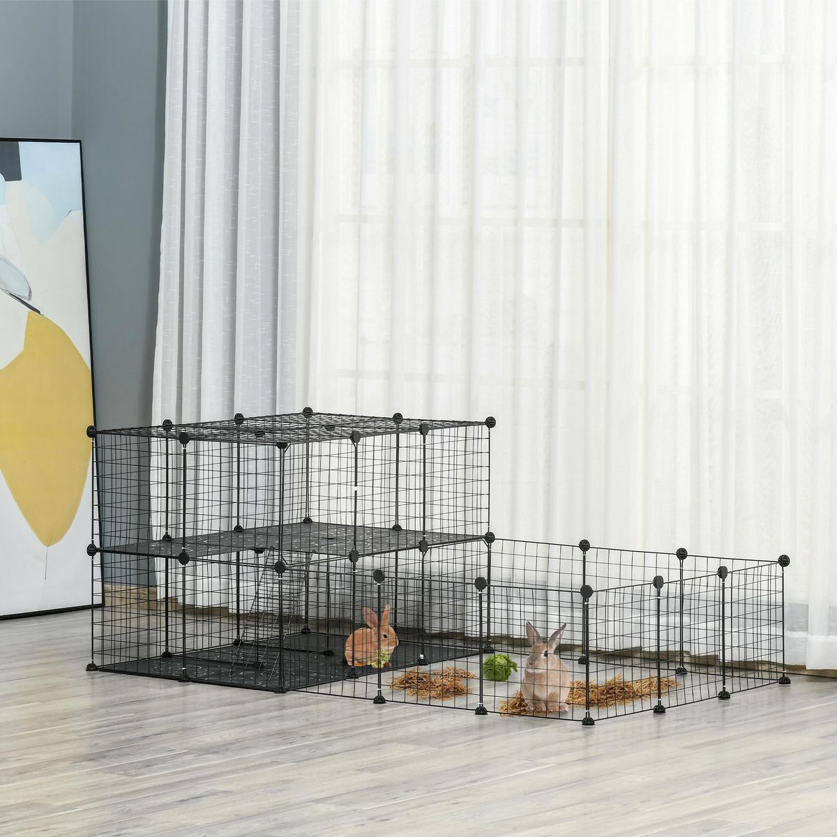 PAWHUT Cage parc enclos rongeurs modulable dim. L 175 x l 105 x H 70 cm 2 niveaux 2 portes rampe résine PP fil métallique noir