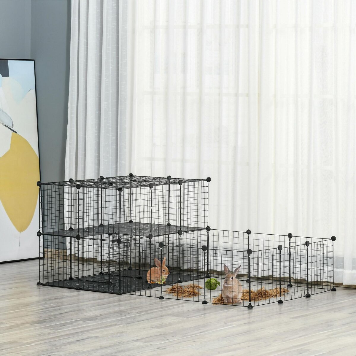 PAWHUT Cage parc enclos rongeurs modulable dim. L 175 x l 105 x H 70 cm 2 niveaux 2 portes rampe résine PP fil métallique noir