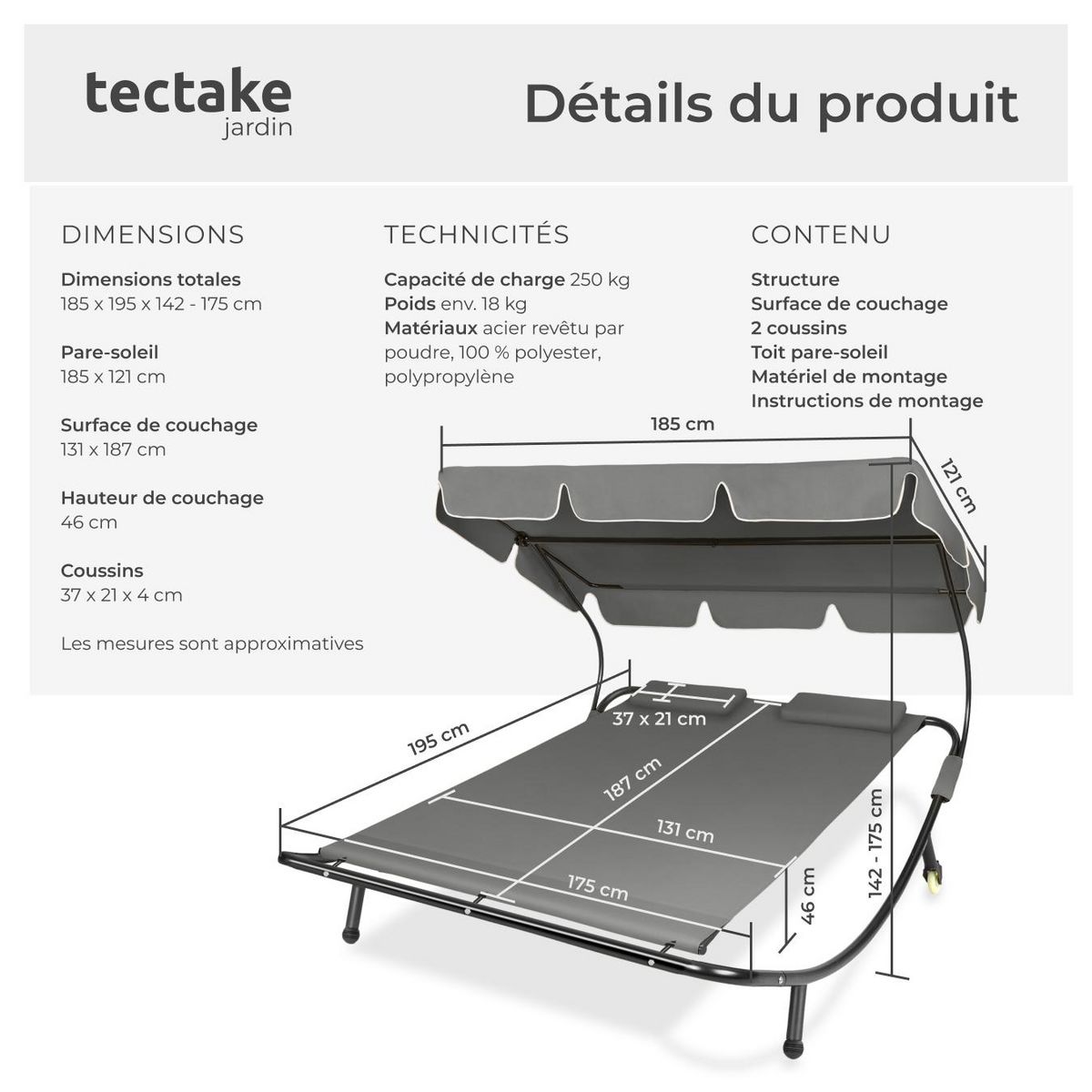 tectake Transat en acier pour 2 personnes noir/gris