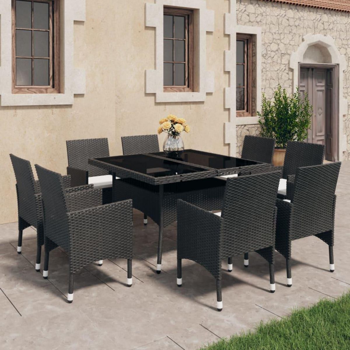 VIDAXL Ensemble a Manger de jardin 9 pcs Resine tressee et verre Noir