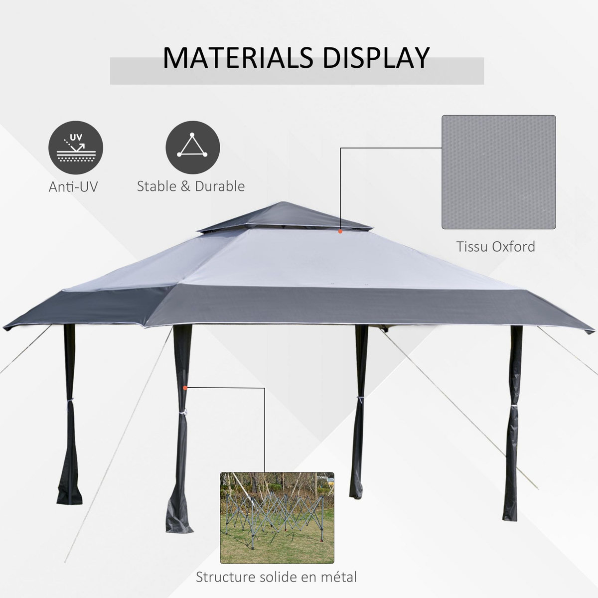 OUTSUNNY Tonnelle barnum de jardin pop-up pliant 3,96L x 3,96l x 2,68H m acier polyester sac transport à roulettes gris