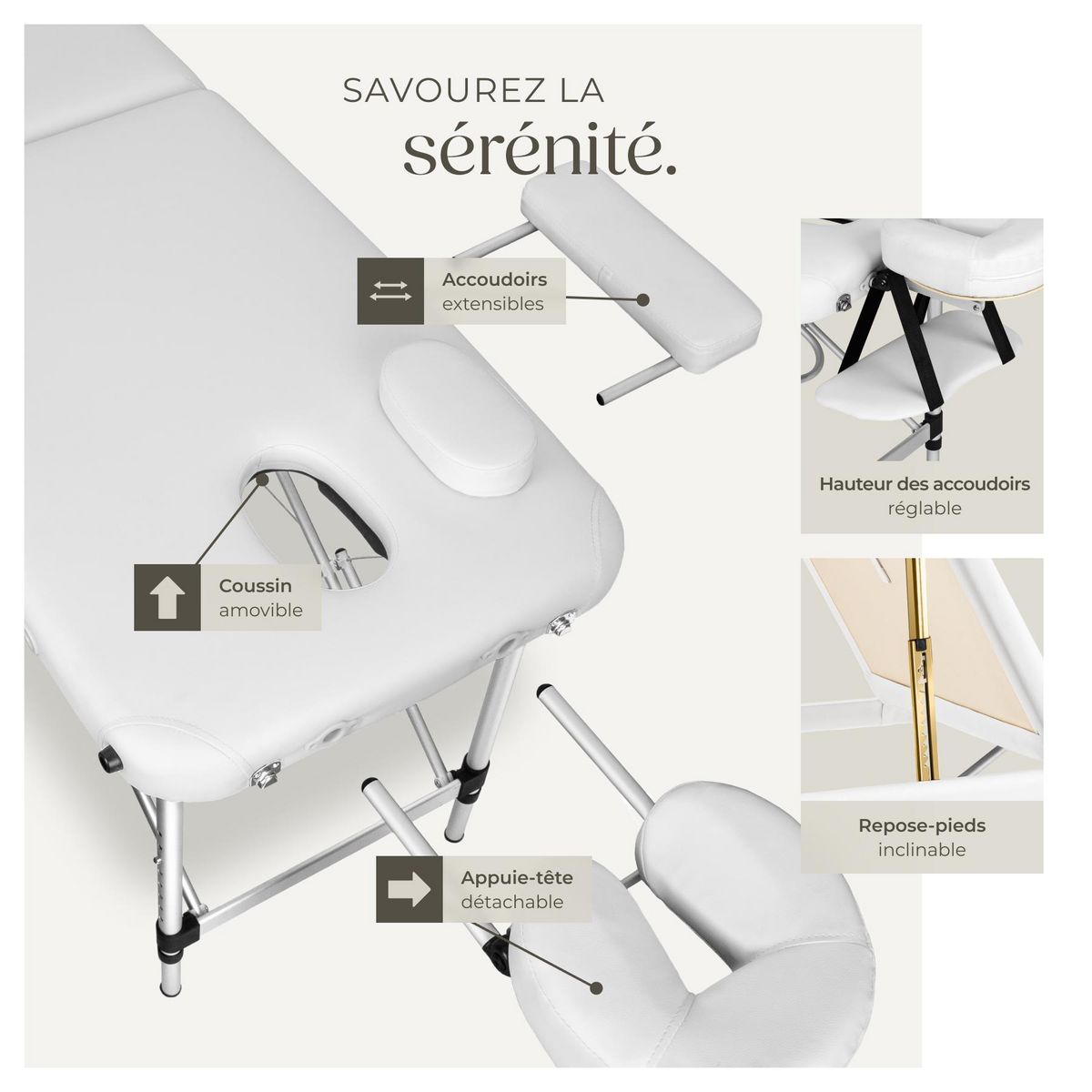 tectake Table de massage 3 zones largeur 61 cm et rembourrage 5 cm blanc