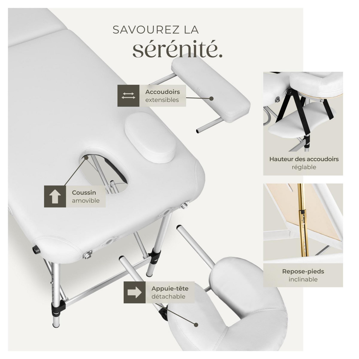 tectake Table de massage 3 zones largeur 61 cm et rembourrage 5 cm blanc
