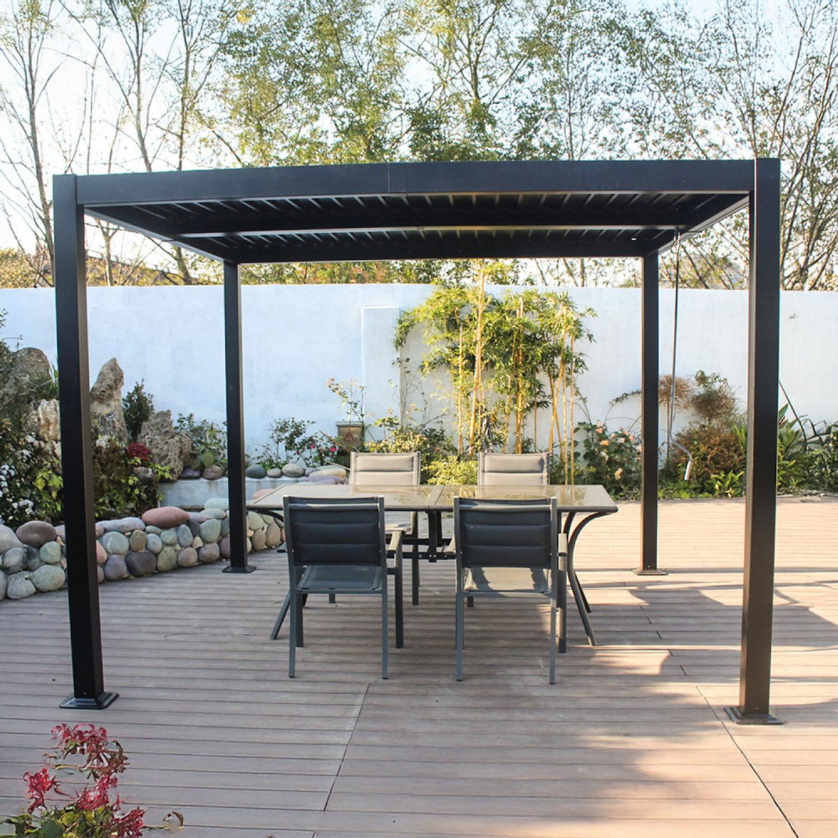 CONCEPT USINE Pergola bioclimatique aluminium et acier lames orientables 3x3m CORFU