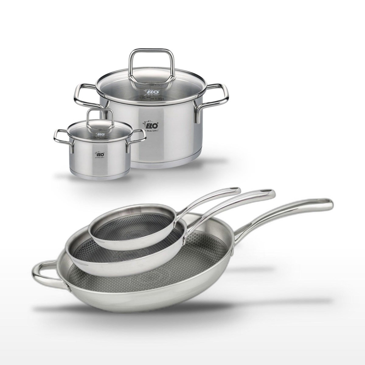 ELO Lot de 3 Poêles 24/28/32cm et 2 Faitouts 12/20cm Elo Relief Evolution
