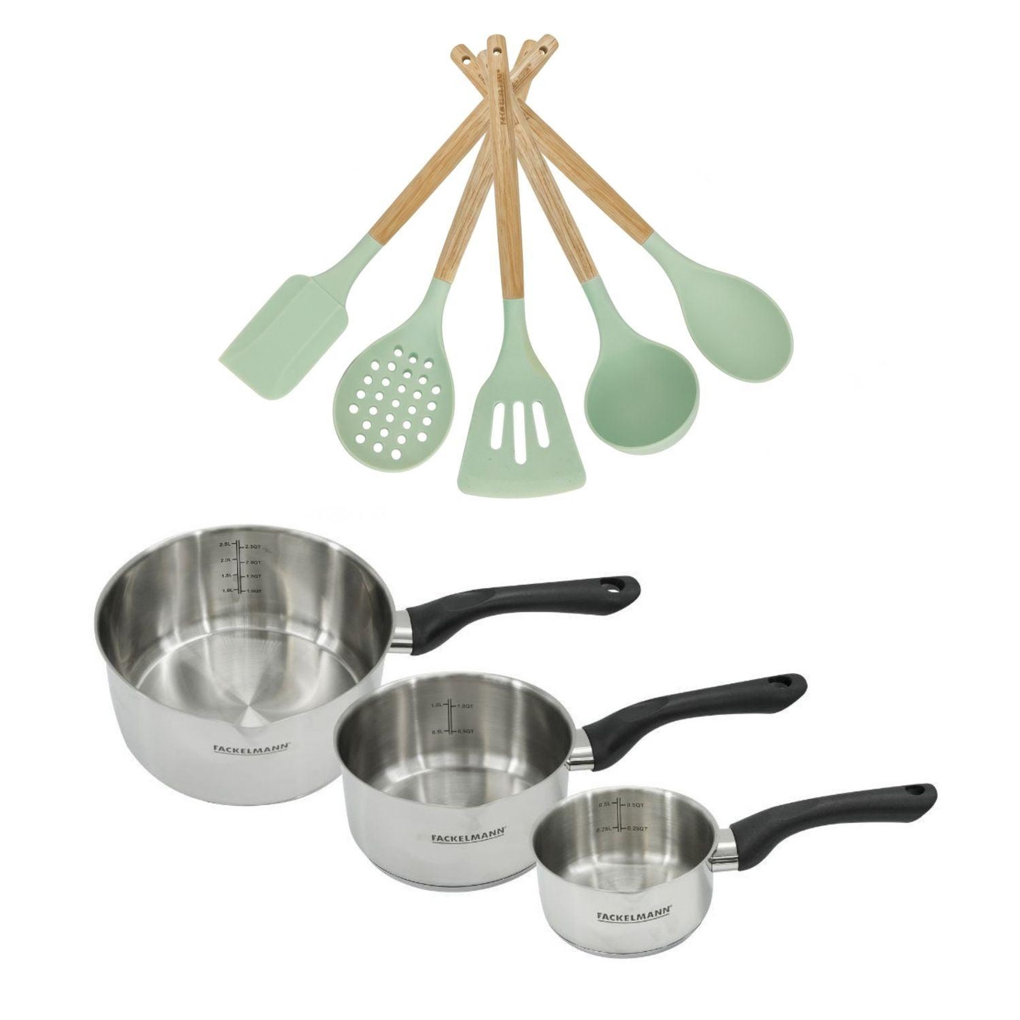 Fackelmann Batterie de cuisine avec 3 casseroles 12/16/20 cm et 5 ustensiles de cuisine sans pfas fackelmann généva océan