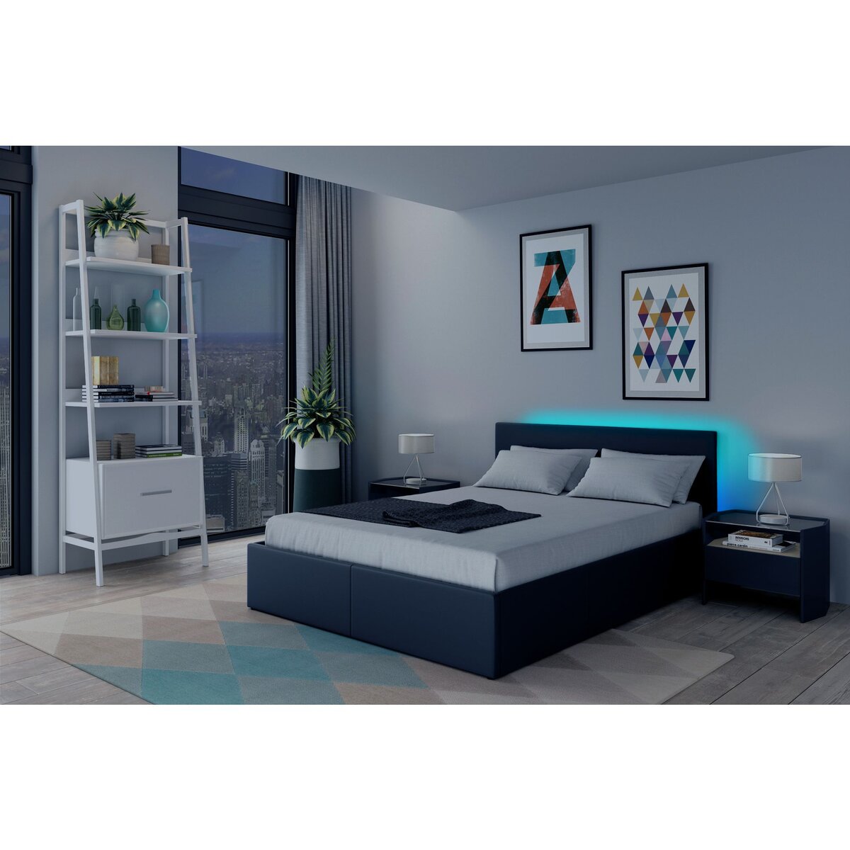 Lit coffre 140x190 cm avec sommier à lattes et tête de lit LED WILLOW