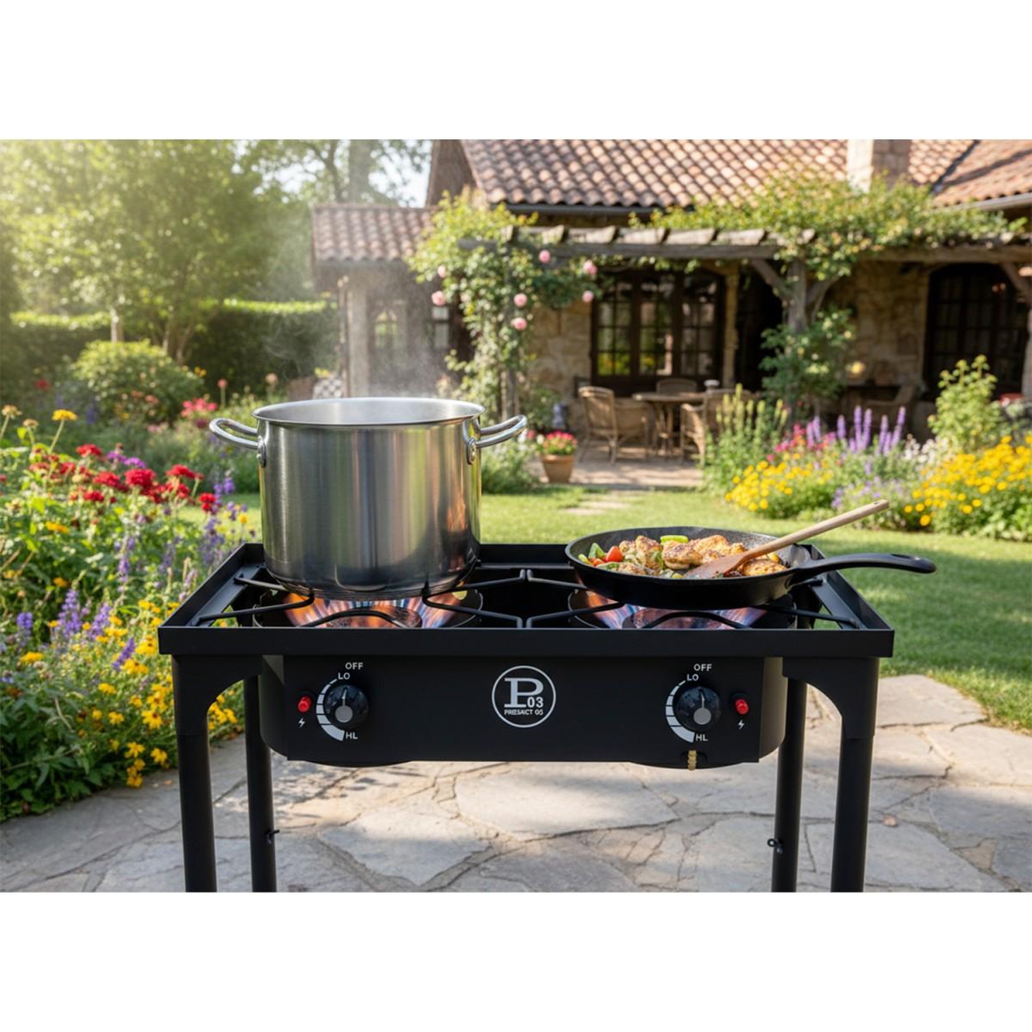 Voir la diapositive 4 : PROJECT Réchaud à gaz 2 feux 9kw 4 pieds bruleurs en fonte modulable en 3 hauteurs - cuisine extérieure 74.5 x 40 x h80cm allumage piezo