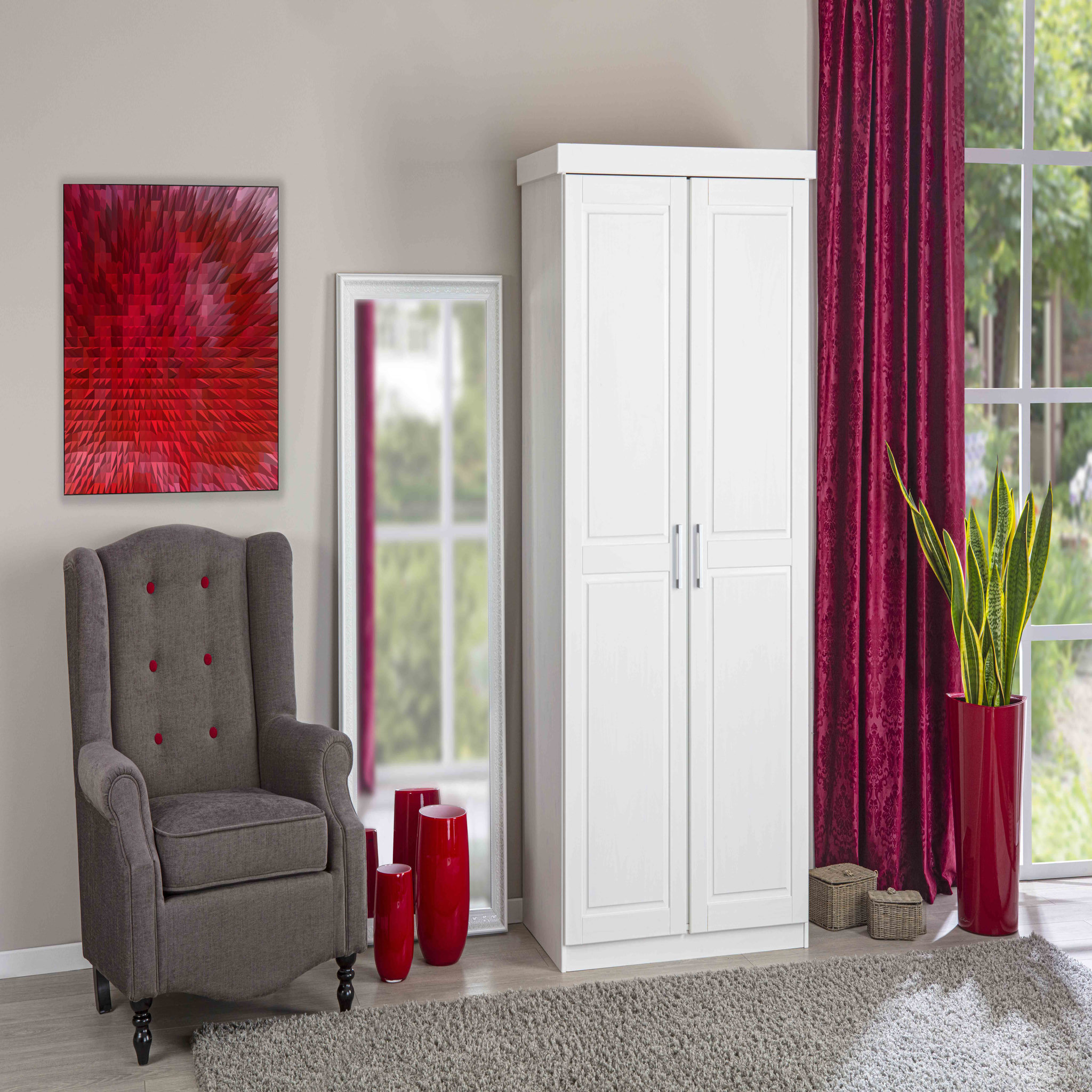Voir la diapositive 8 : Armoire de chambre 2 portes avec penderie en pin massif blanc ULLI