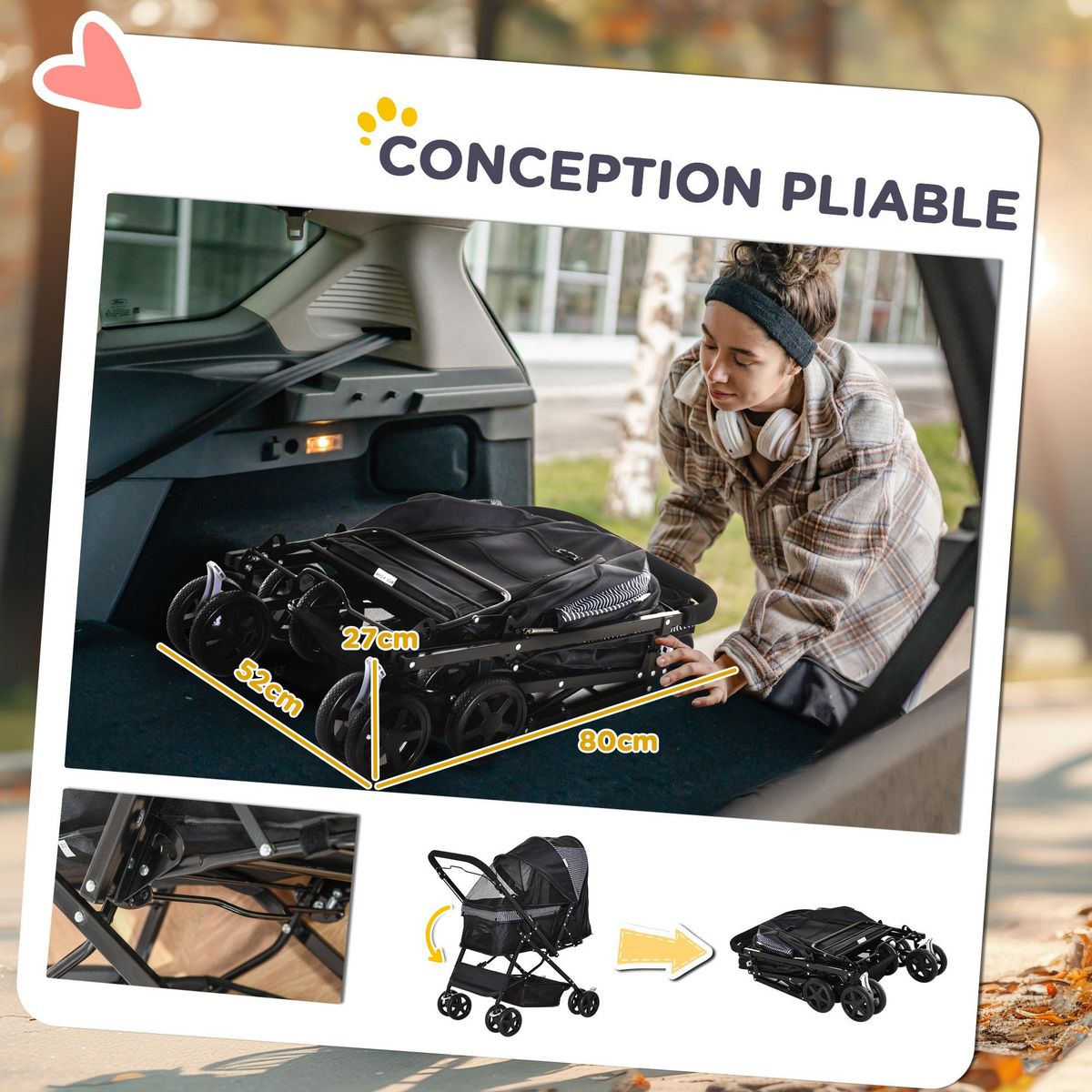 PAWHUT Poussette buggy pliable chien chat panier et sac de rangement attaches sécurité housse réglable poignée réglable acier Oxford noir