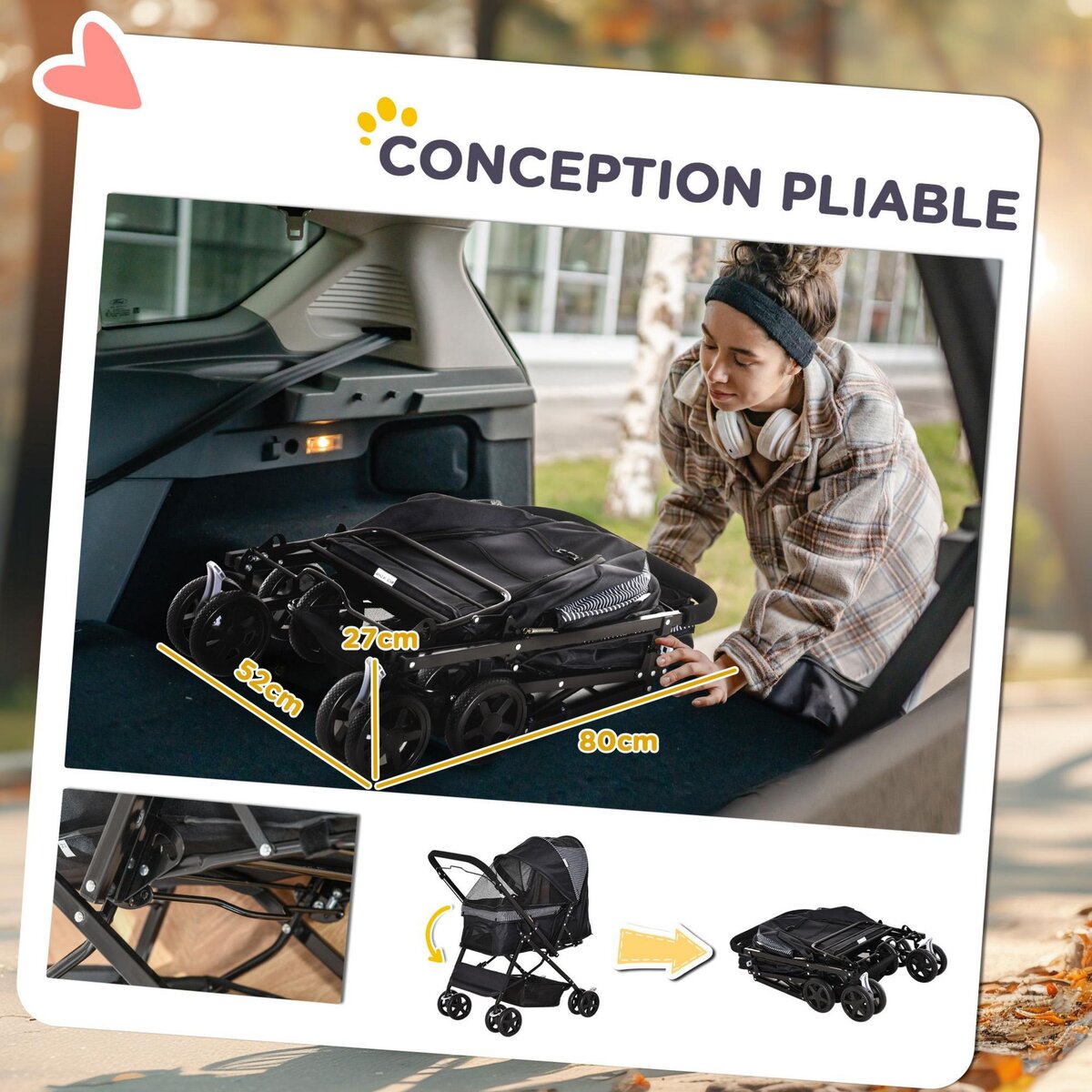 PAWHUT Poussette buggy pliable chien chat panier et sac de rangement attaches sécurité housse réglable poignée réglable acier Oxford noir