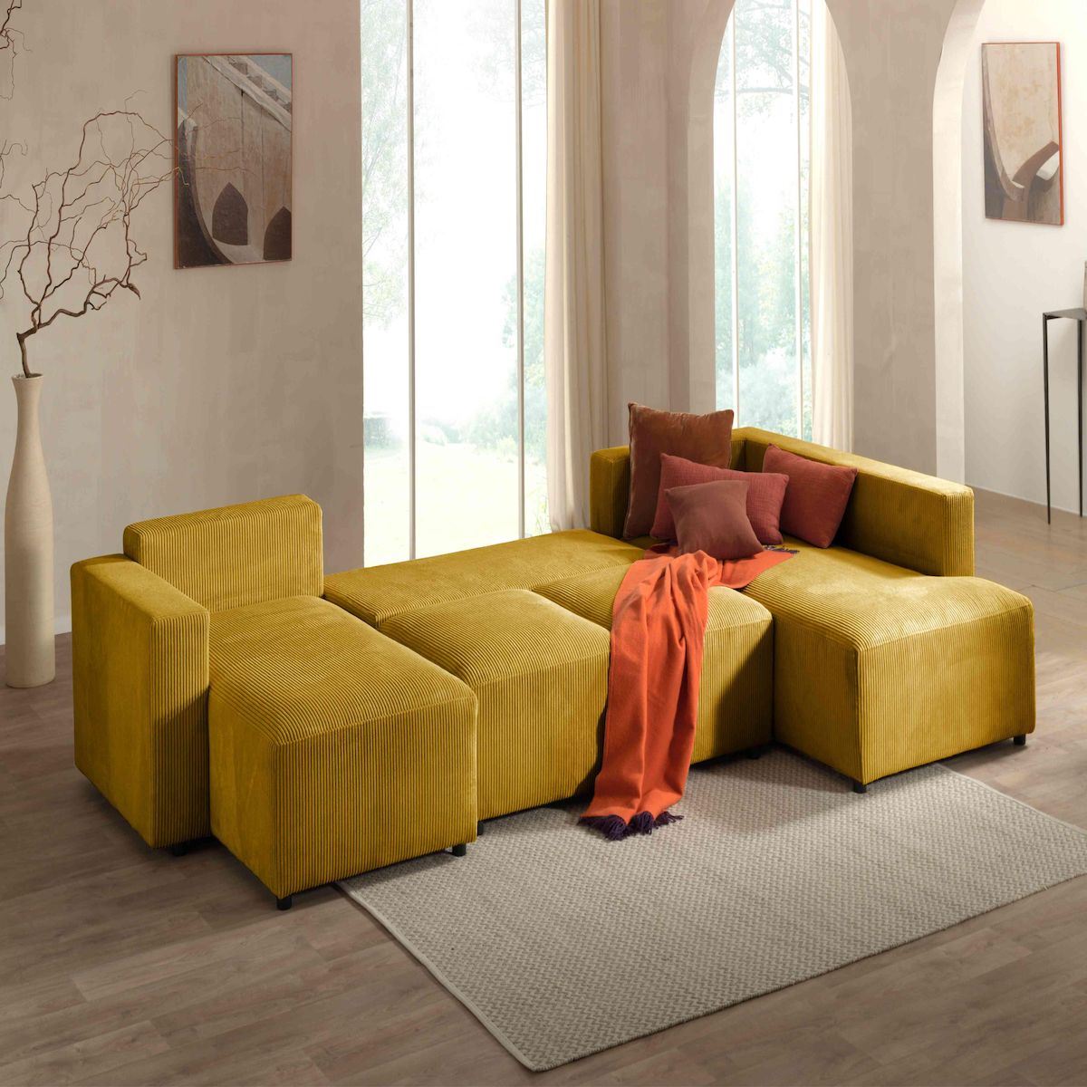 LISA DESIGN Livy - canapé panoramique convertible - avec coffre - en velours côtelé - 7 places - droit