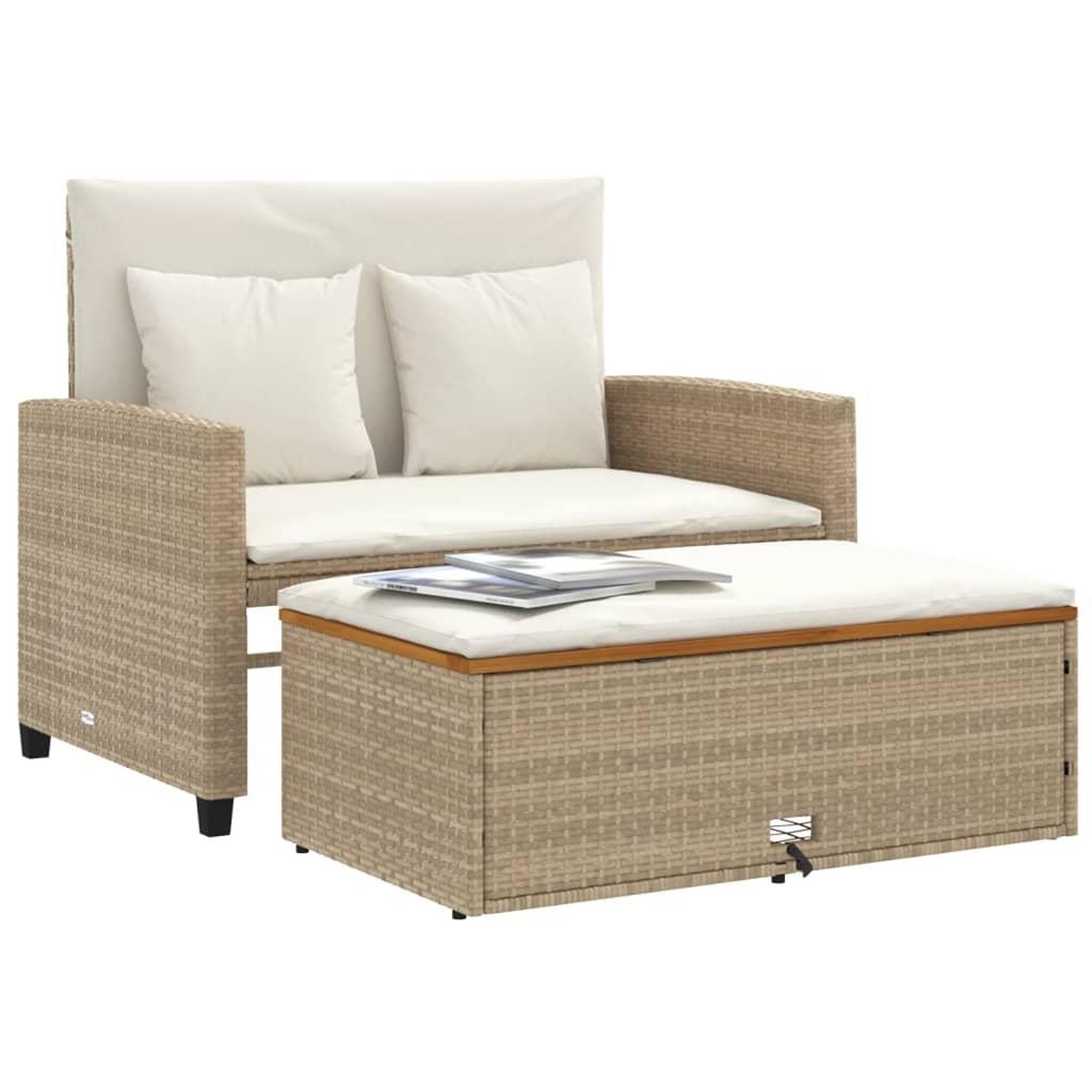 Voir la diapositive 4 : VIDAXL Canape de jardin 2 places coussins beige resine tressee&acacia