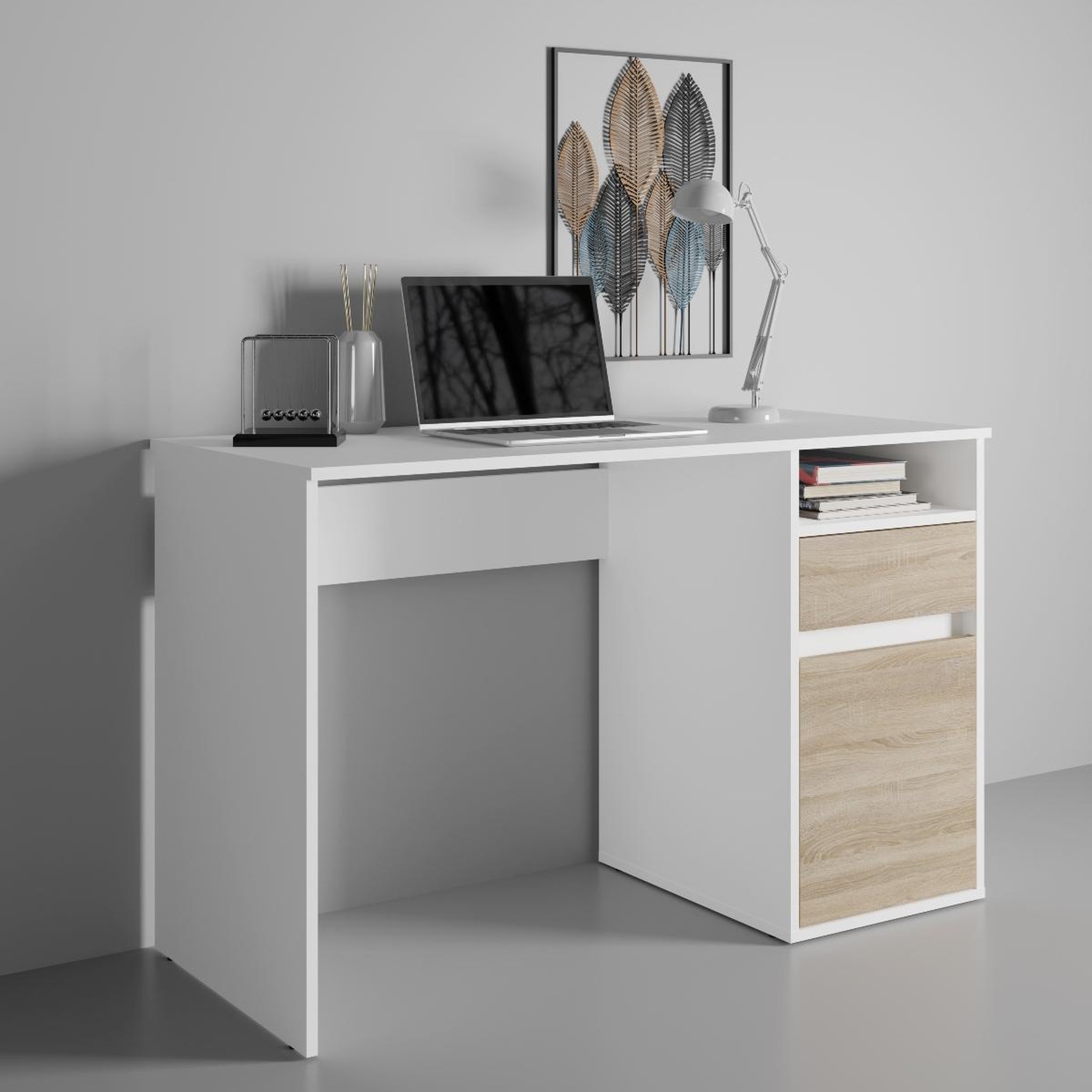 Voir la diapositive 3 : JLC KREATION Bureau moderne blanc et bois 120cm avec rangement albi