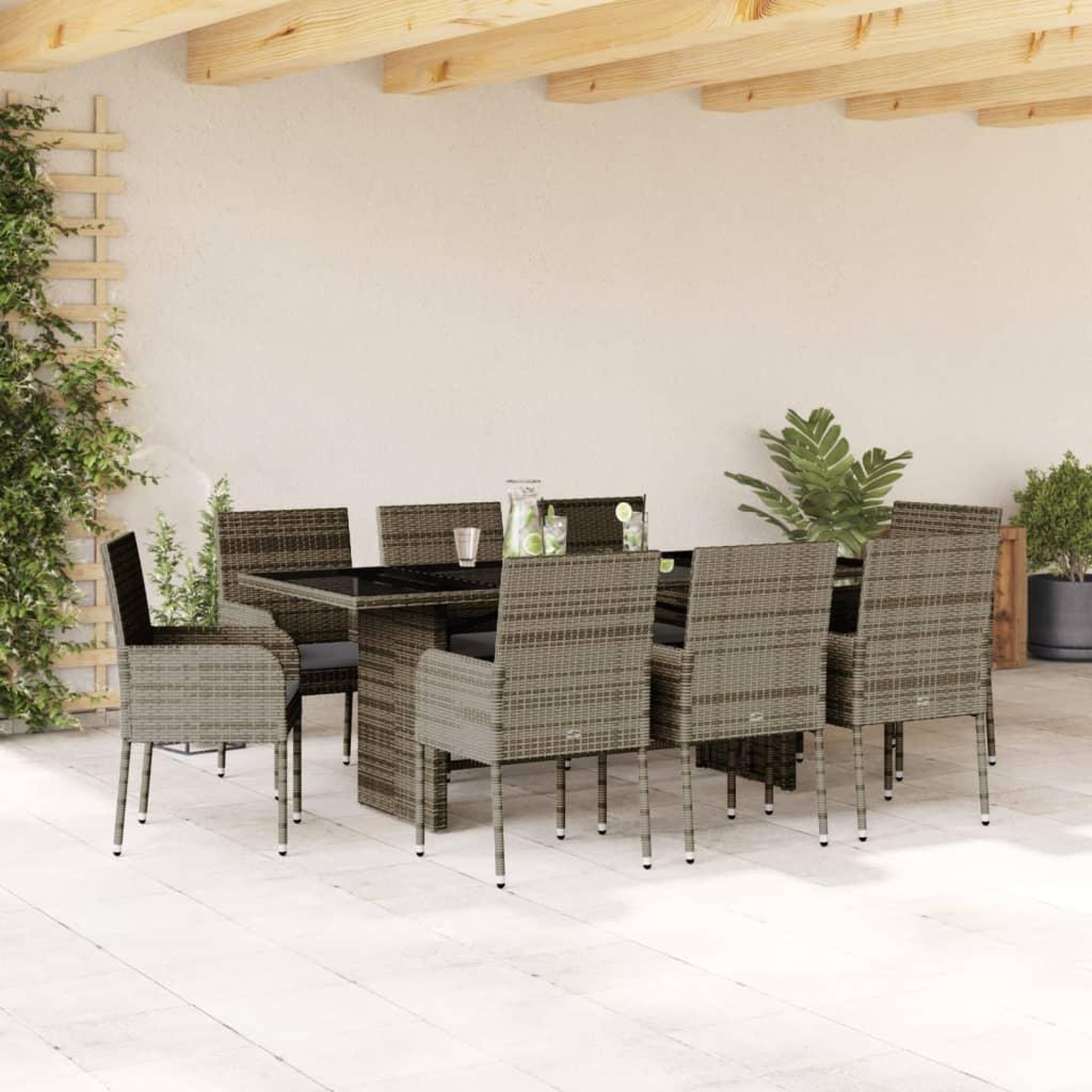 VIDAXL Ensemble a manger de jardin 9 pcs coussins gris resine tressee