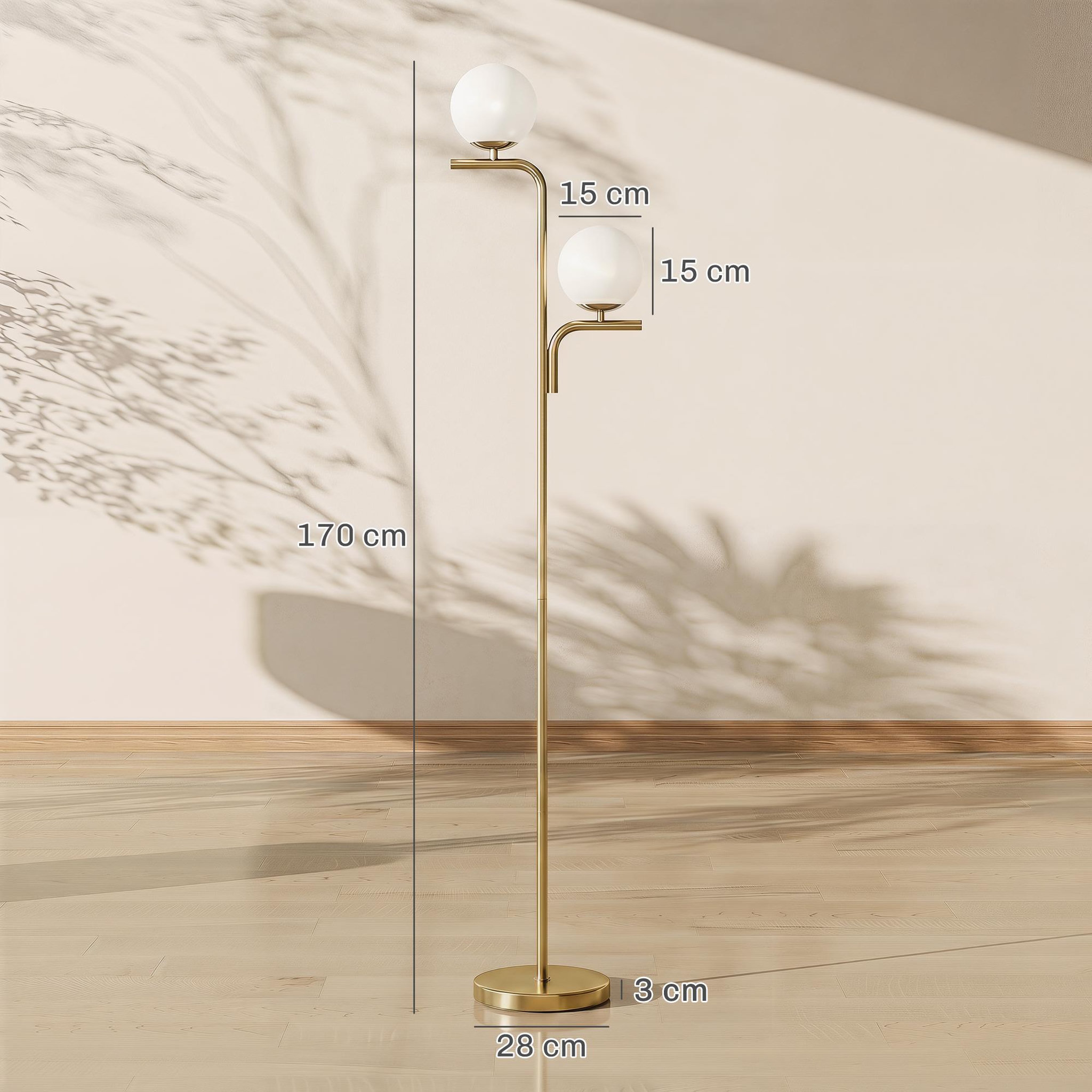 Voir la diapositive 3 : HOMCOM Lampadaire globe design néo-rétro 2 ampoules max. 40 W 170H cm métal doré