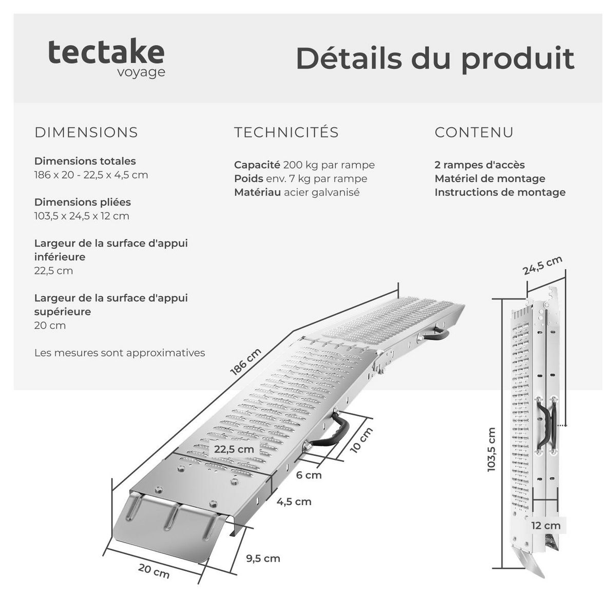 tectake Rampes d'accès pliables argent 186 cm