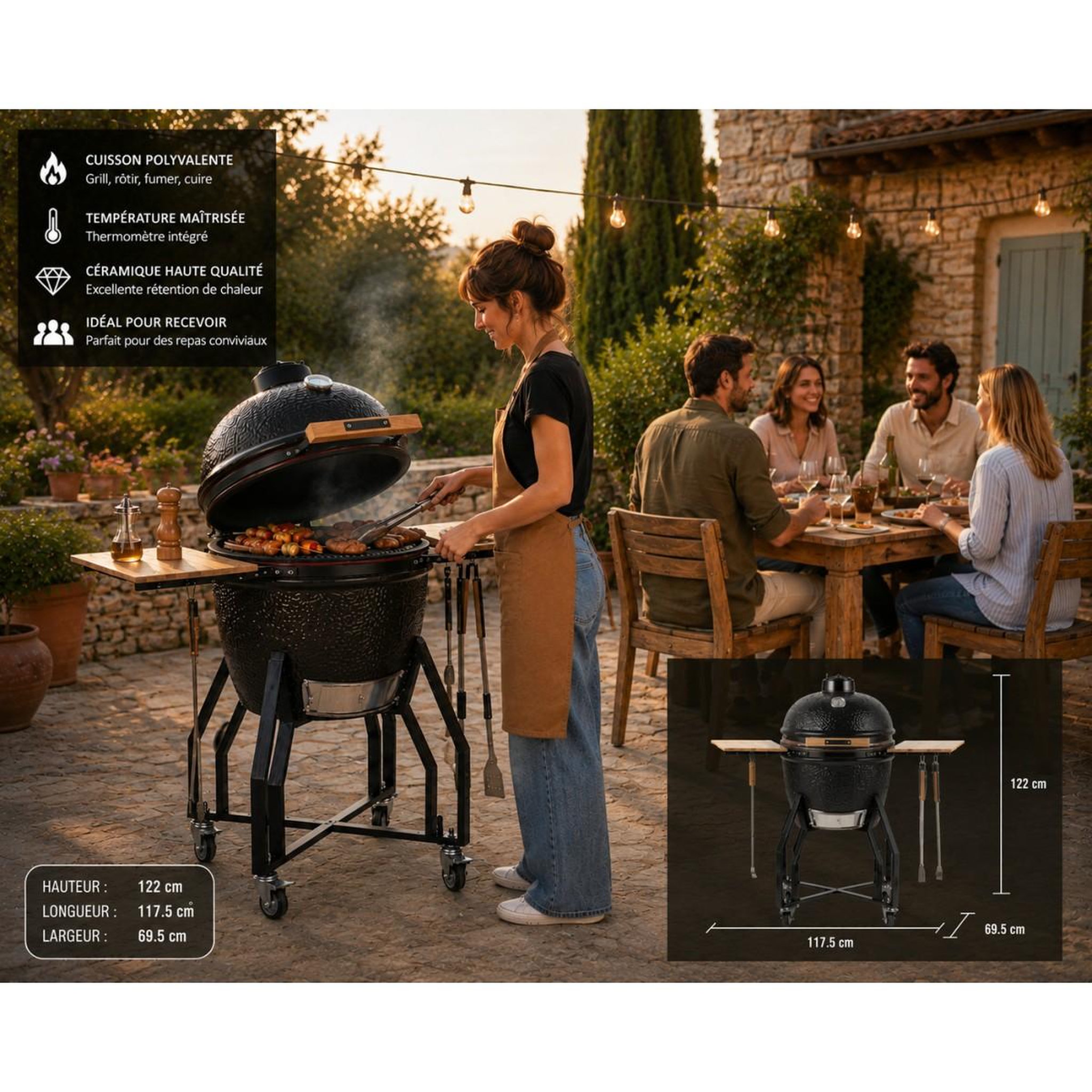 Voir la diapositive 4 : INTEC Barbecue à charbon de bois céramique kamado noir 2 zones de cuisson grill & fumoir ø56cm - barbecue mobile + 2 tablettes intec