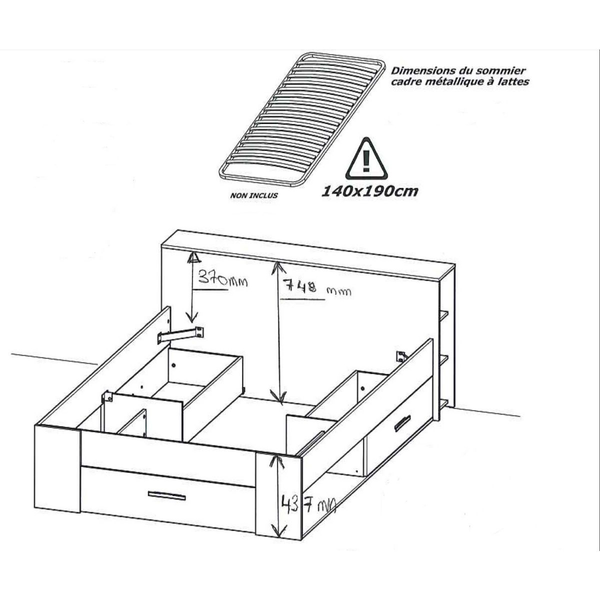 Lit 140 x190 cm avec tête de lit et rangements ILIAN