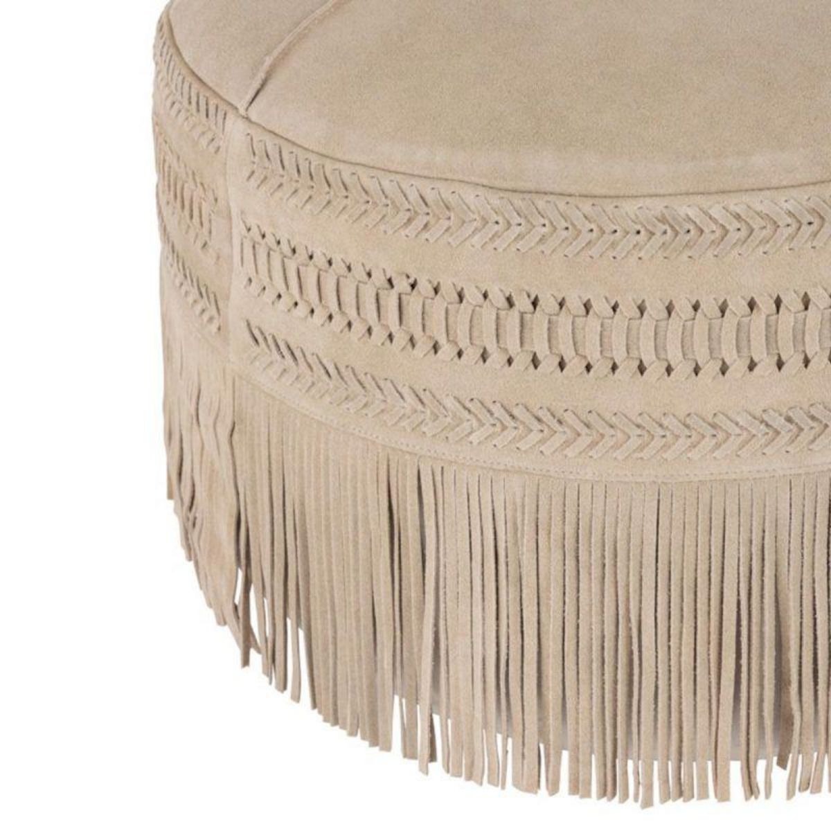Paris Prix Pouf Rond en Cuir à Franges  India  50cm Gris
