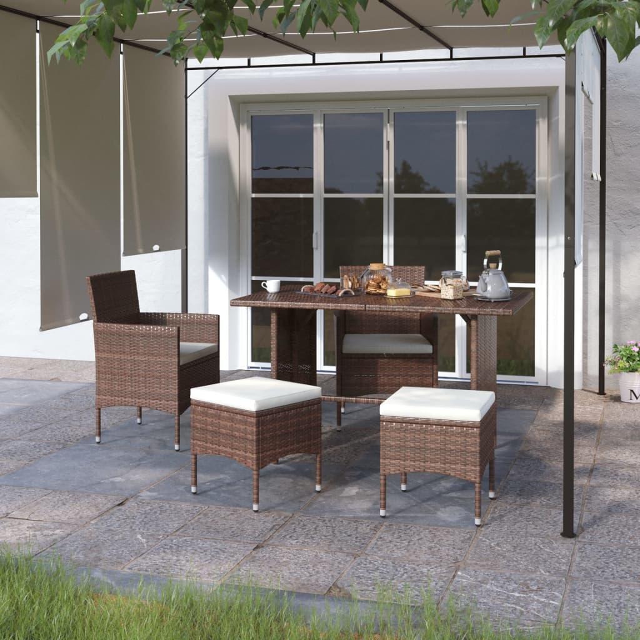 VIDAXL Jeu de chaise et tabouret de jardin 4 pcs Resine tressee Marron