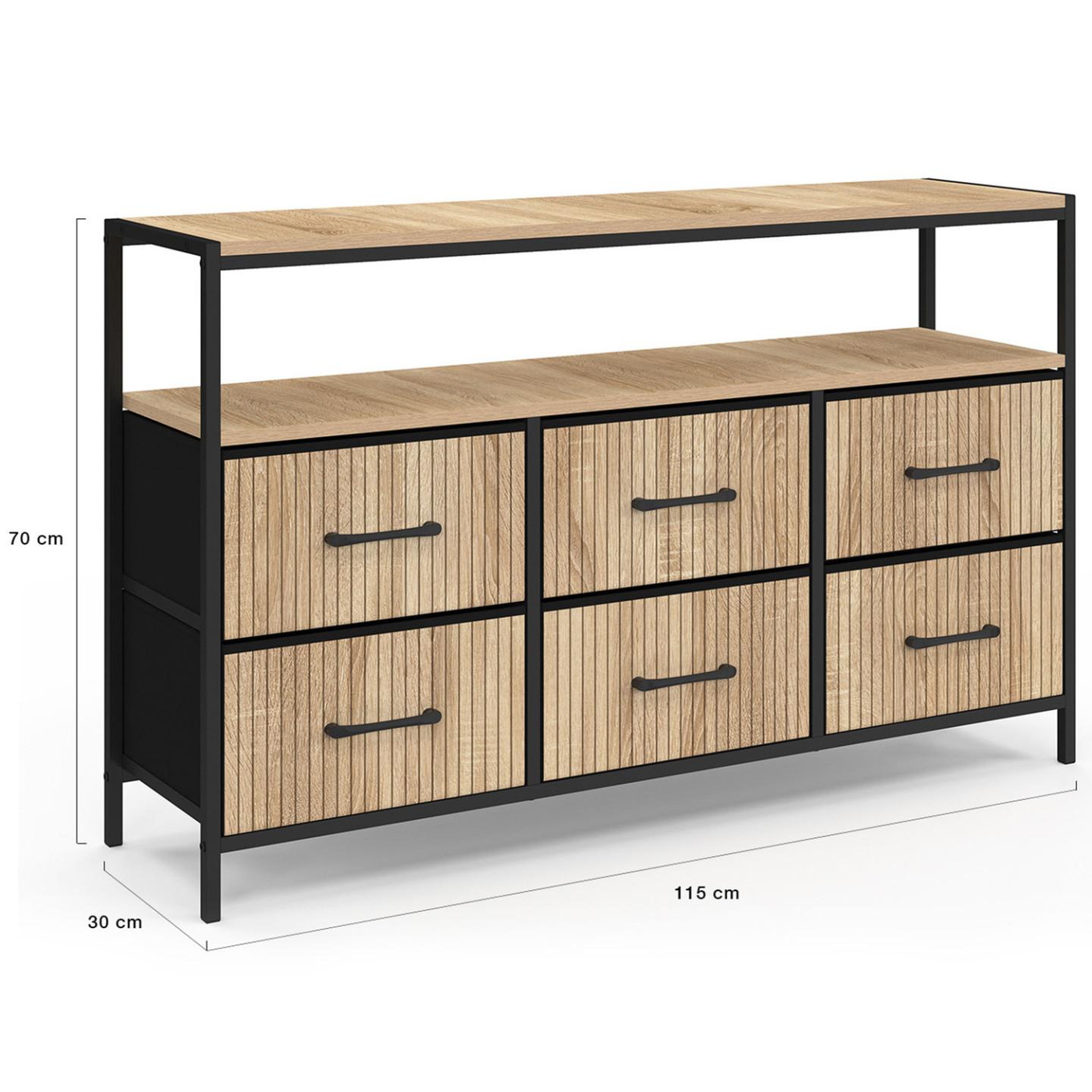 Voir la diapositive 5 : ID MARKET Commode 6 tiroirs en tissu utah 115 cm avec niche effet lattes meuble de rangement design industriel