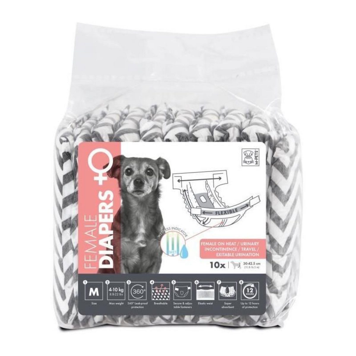 M PETS Couches pour chien - M PETS - DIAPERS - Femelle M x10 - Tour de taille 30-42,5 cm - 4-10 kg - Indicateur d'humidité - 12h prote