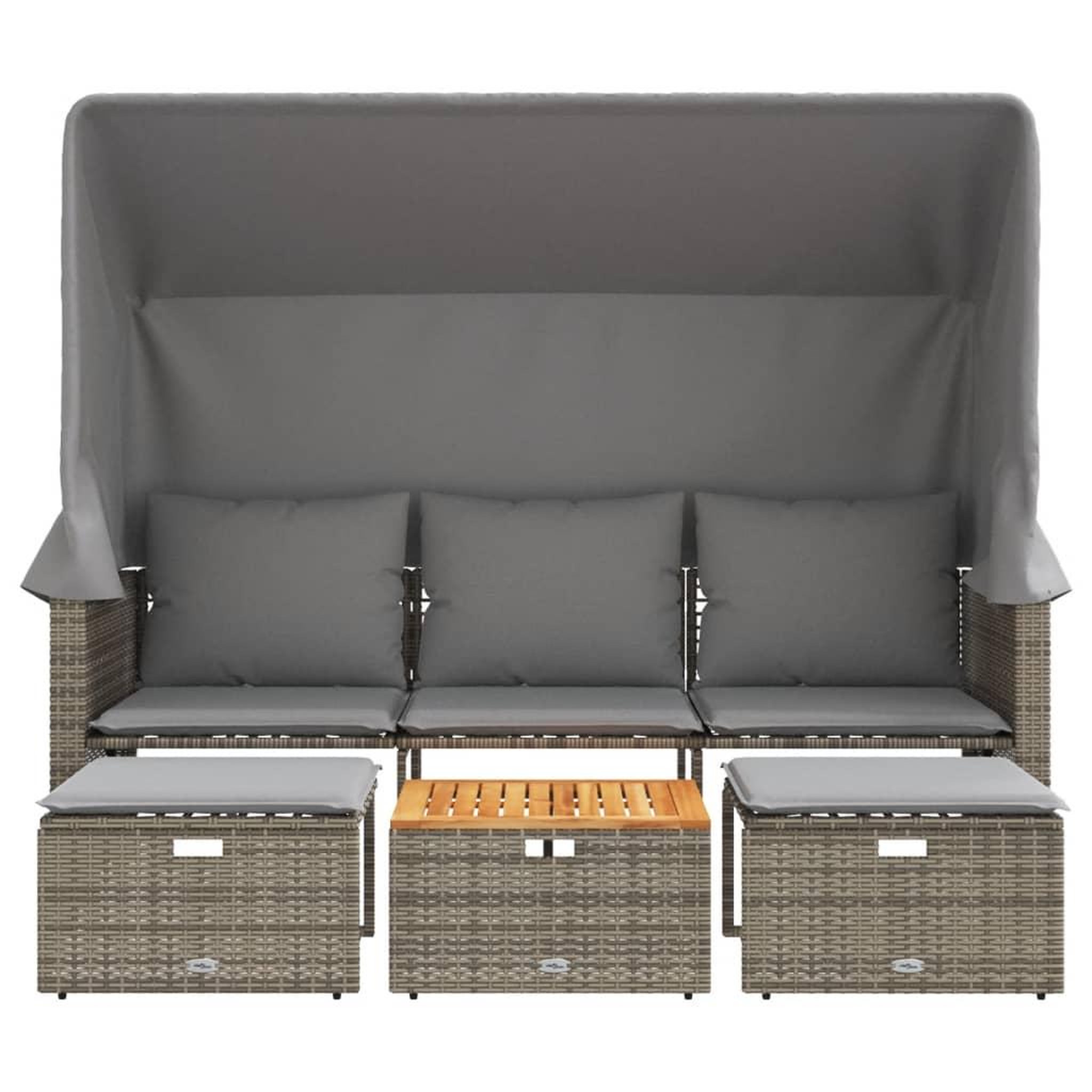 Voir la diapositive 4 : VIDAXL Canape de jardin 3 places avec auvent et tabourets gris rotin