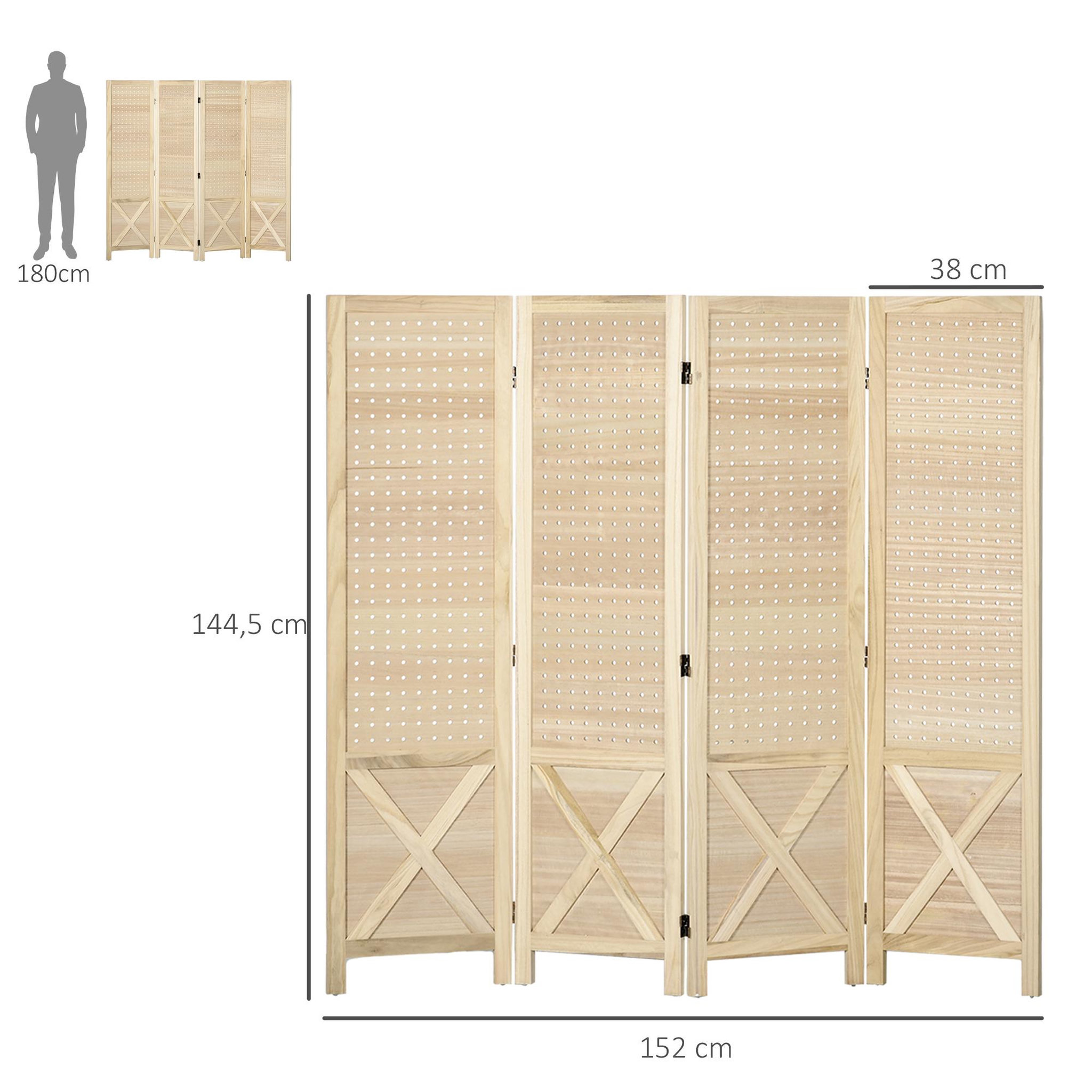 Voir la diapositive 3 : HOMCOM Paravent intérieur en bois 4 panneaux 152 x 144,5 cm pliable bois naturel