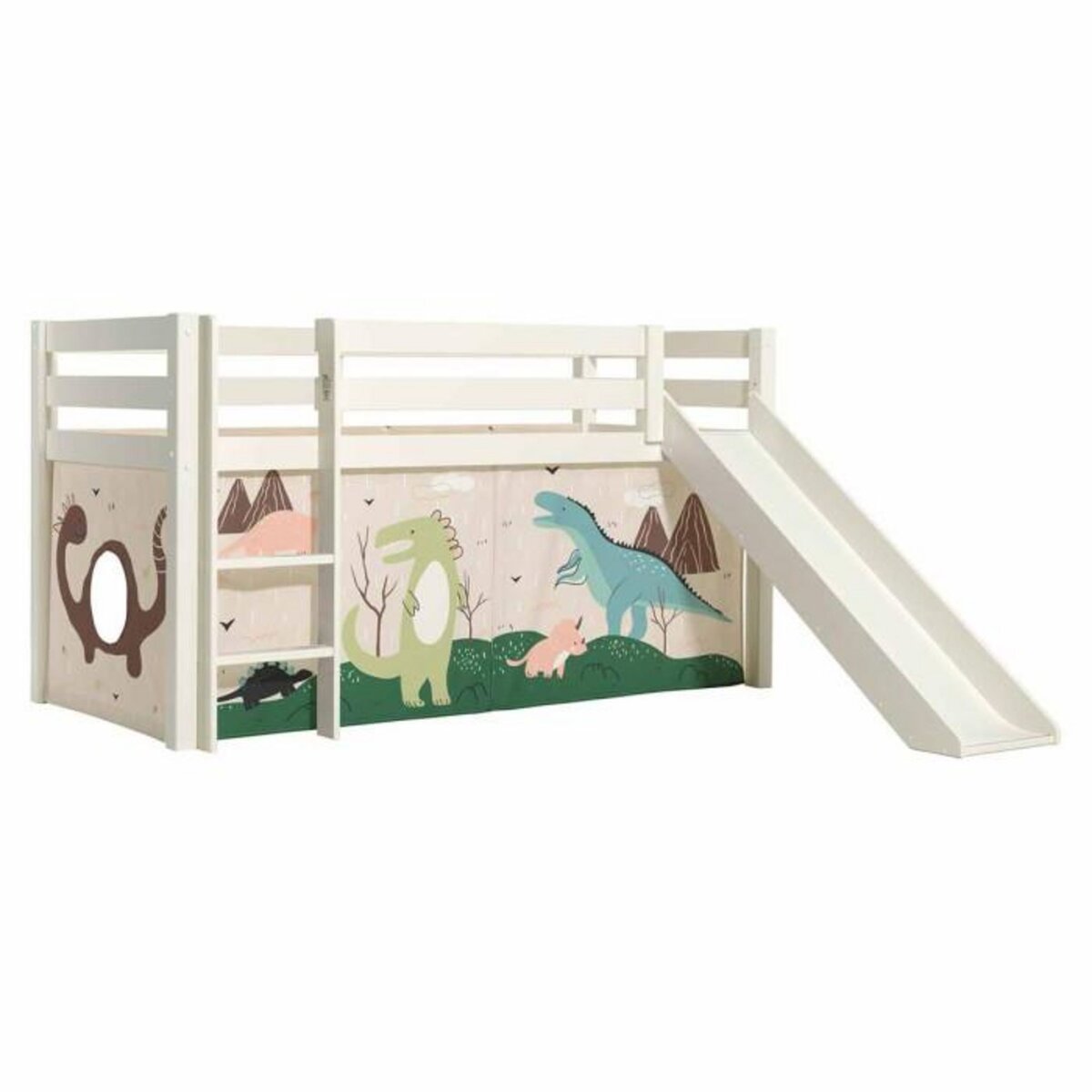 Paris Prix Lit Enfant Surélevé Avec Toboggan  Pino Dino  90x200cm Blanc