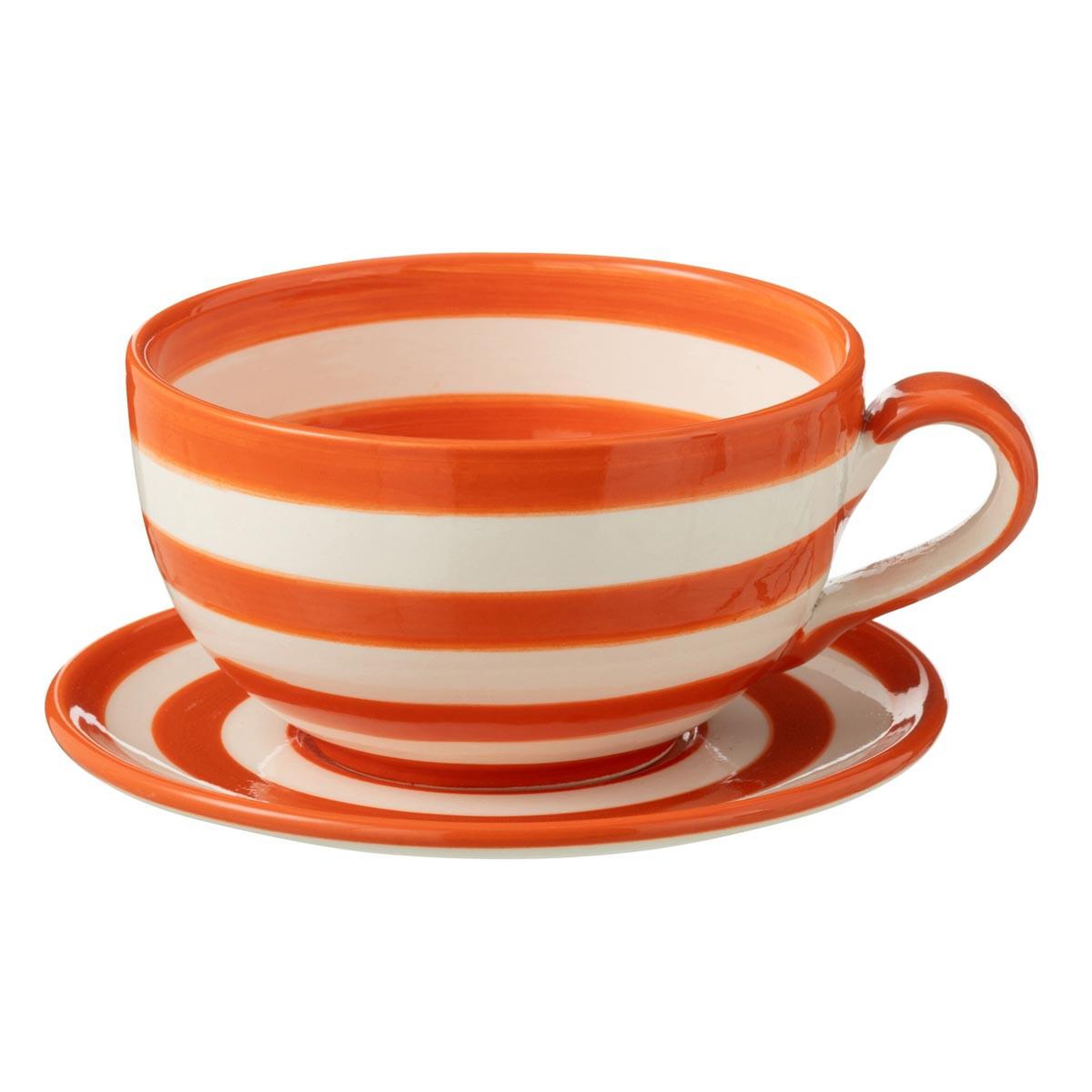 J-LINE Tasse avec sous-tasse en céramique  granada rayure  50cl orange