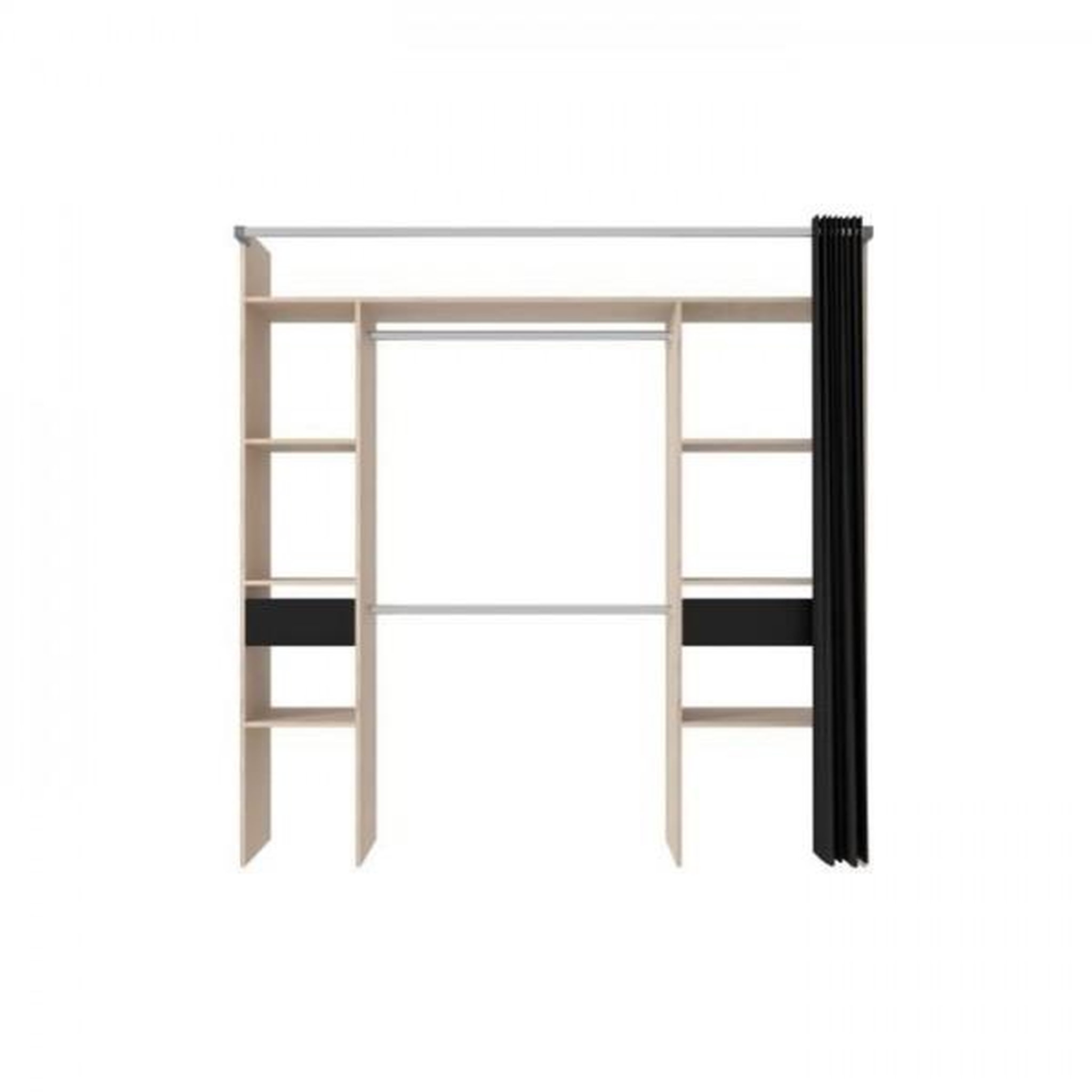 Voir la diapositive 2 : EKIPA Dressing ARTIC avec rideau - L 198 x H 203 cm - 2 colonnes + 2 penderies + 2 tiroirs - Chene Jackson et noir