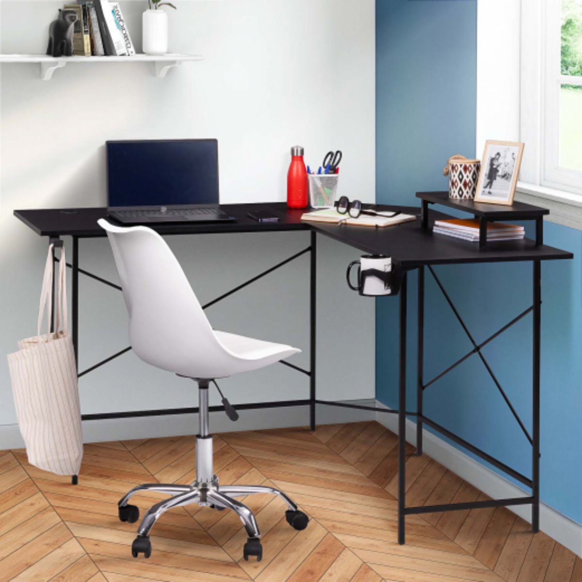 ID MARKET Bureau gaming d'angle noir ALEXIS support pour écran porte gobelet et accessoires