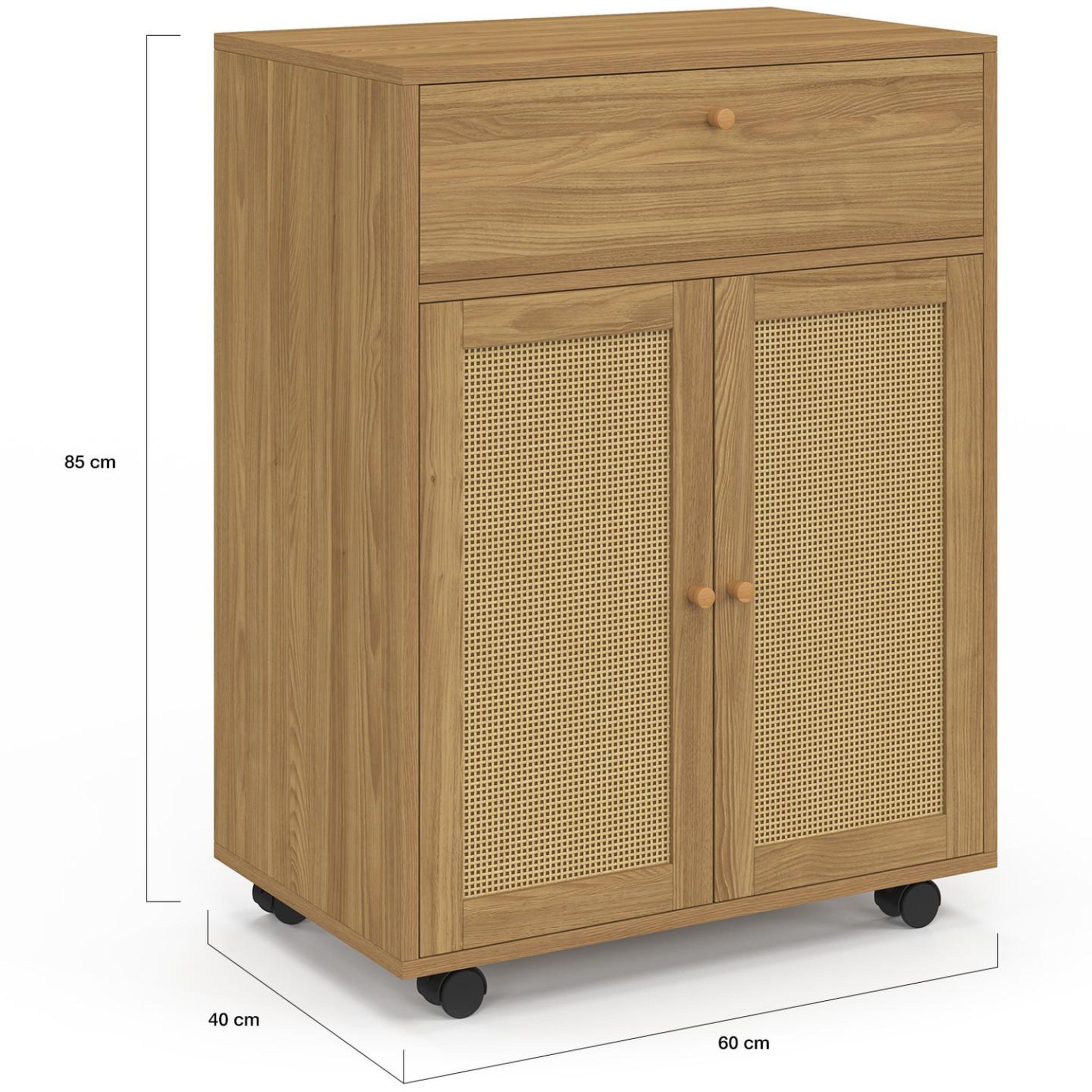Voir la diapositive 5 : ID MARKET Desserte de cuisine HANAE tiroir effet bois et placard en cannage L.60 cm