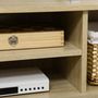 Voir la diapositive 5 : HOMCOM Meuble TV bas sur pied style scandinave 2 portes 2 niches piètement effilé incliné bois panneaux blanc aspect chêne clair