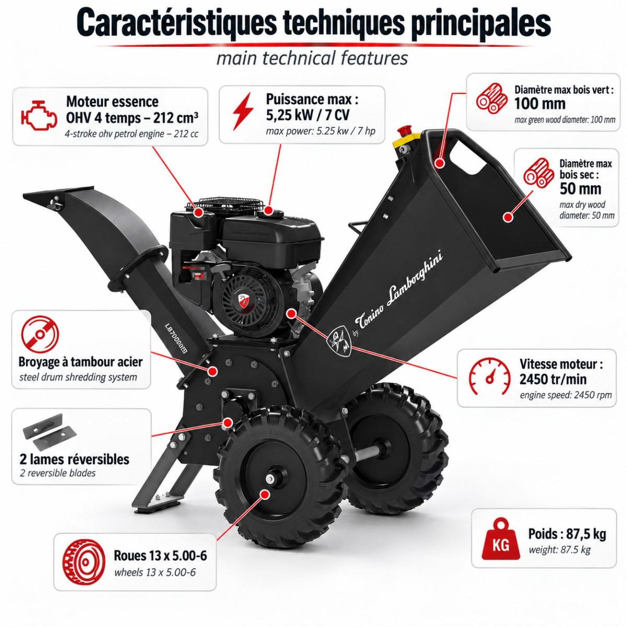 Voir la diapositive 2 : BY TONINO LAMBORGHINI GARDEN MACHINERY Broyeur de végétaux thermique 7cv 212 cm³ coupe ø100 mm max démarrage manuel tonino lamborghini
