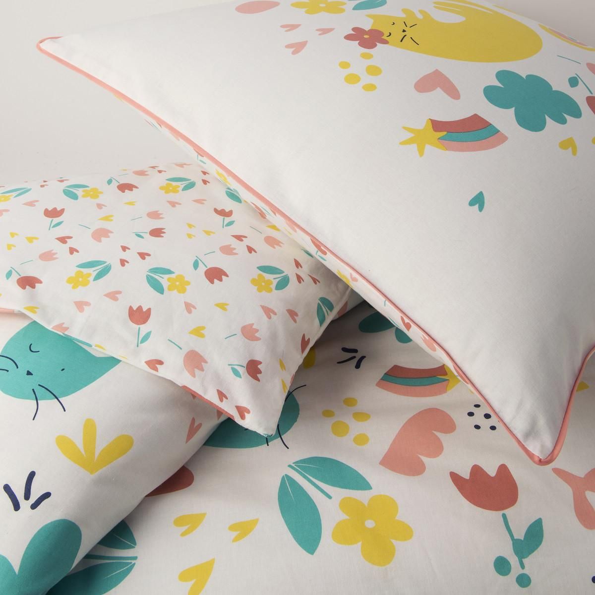 FUTURE HOME Parure de lit enfant chat réversible fleurie 140x200cm