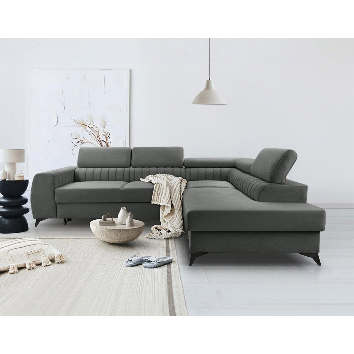 BEST MOBILIER Aneta - canapé d'angle droit 5 places - convertible avec coffre et têtières - en velours