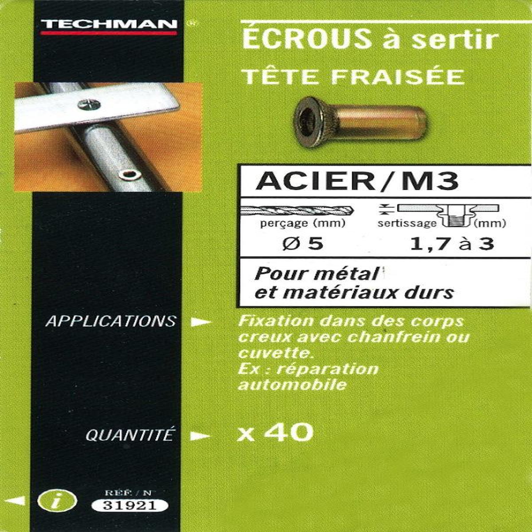TECHMAN 40 écrous M5 à sertir acier avec tête fraisée