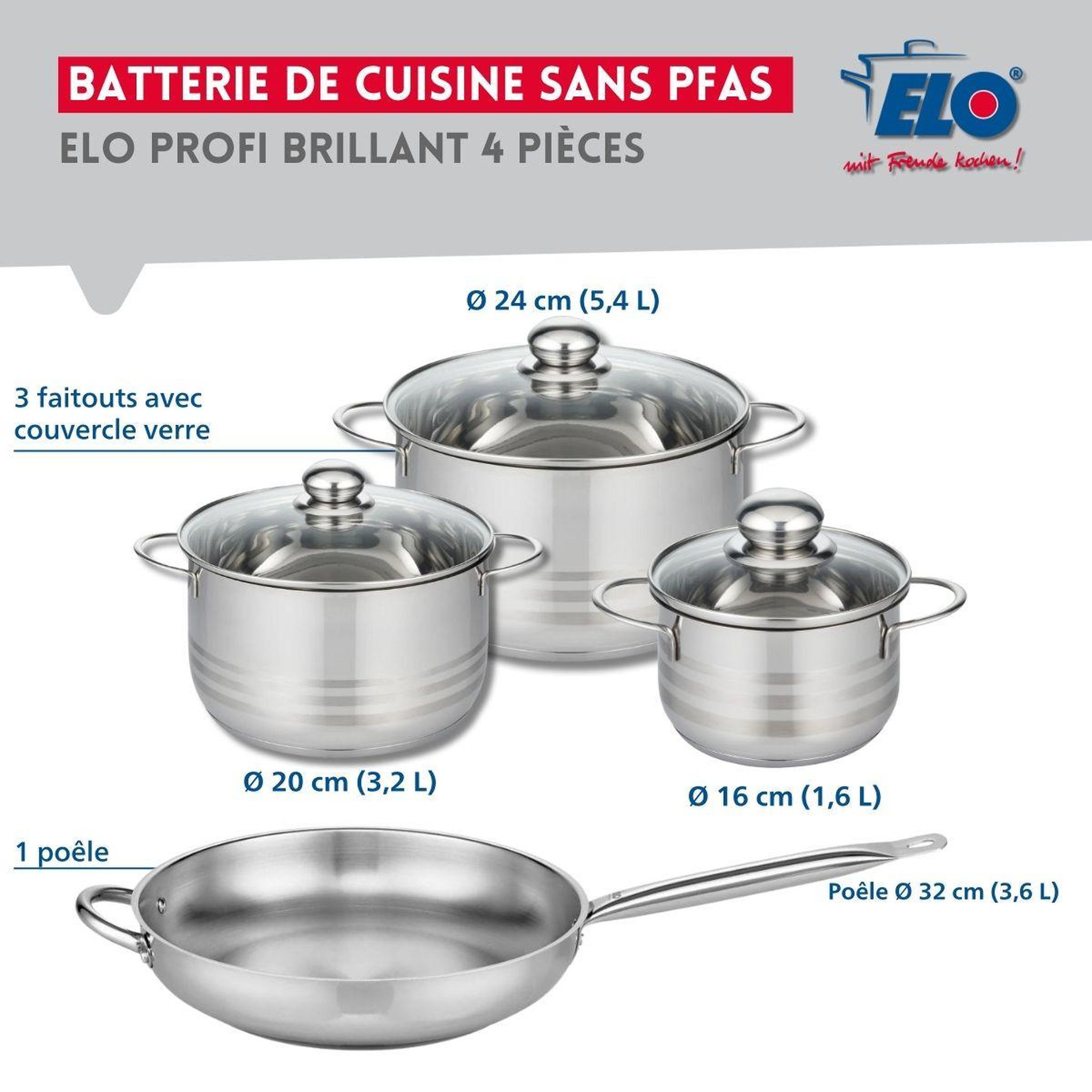 Voir la diapositive 2 : ELO Ensemble de 1 poêle de cuisson 32 cm et 3 faitouts 16, 20 et 24 cm elo profi brillant