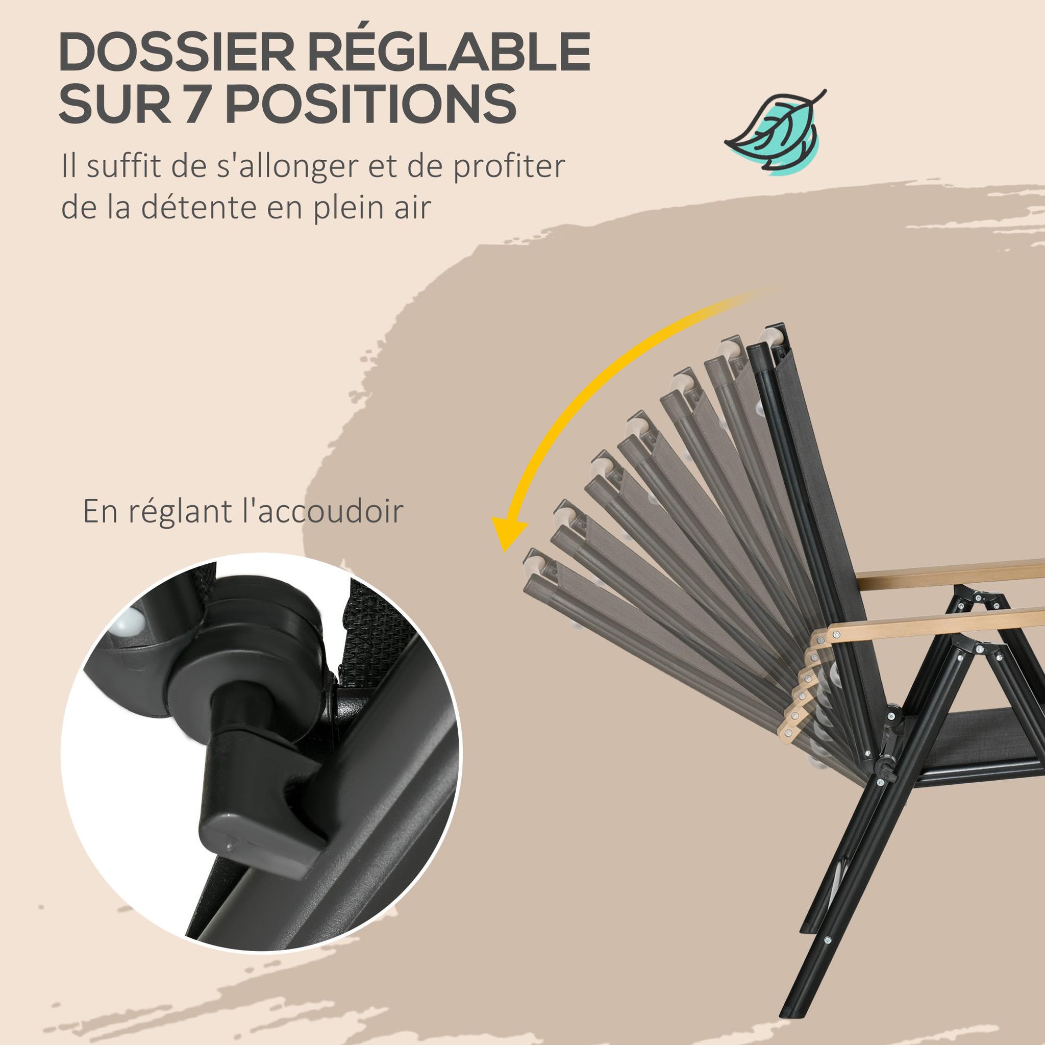 Voir la diapositive 4 : OUTSUNNY Ensemble table de jardin 6 personnes - chaises pliables inclinables accoudoirs - alu textilène noir plastique effet bois