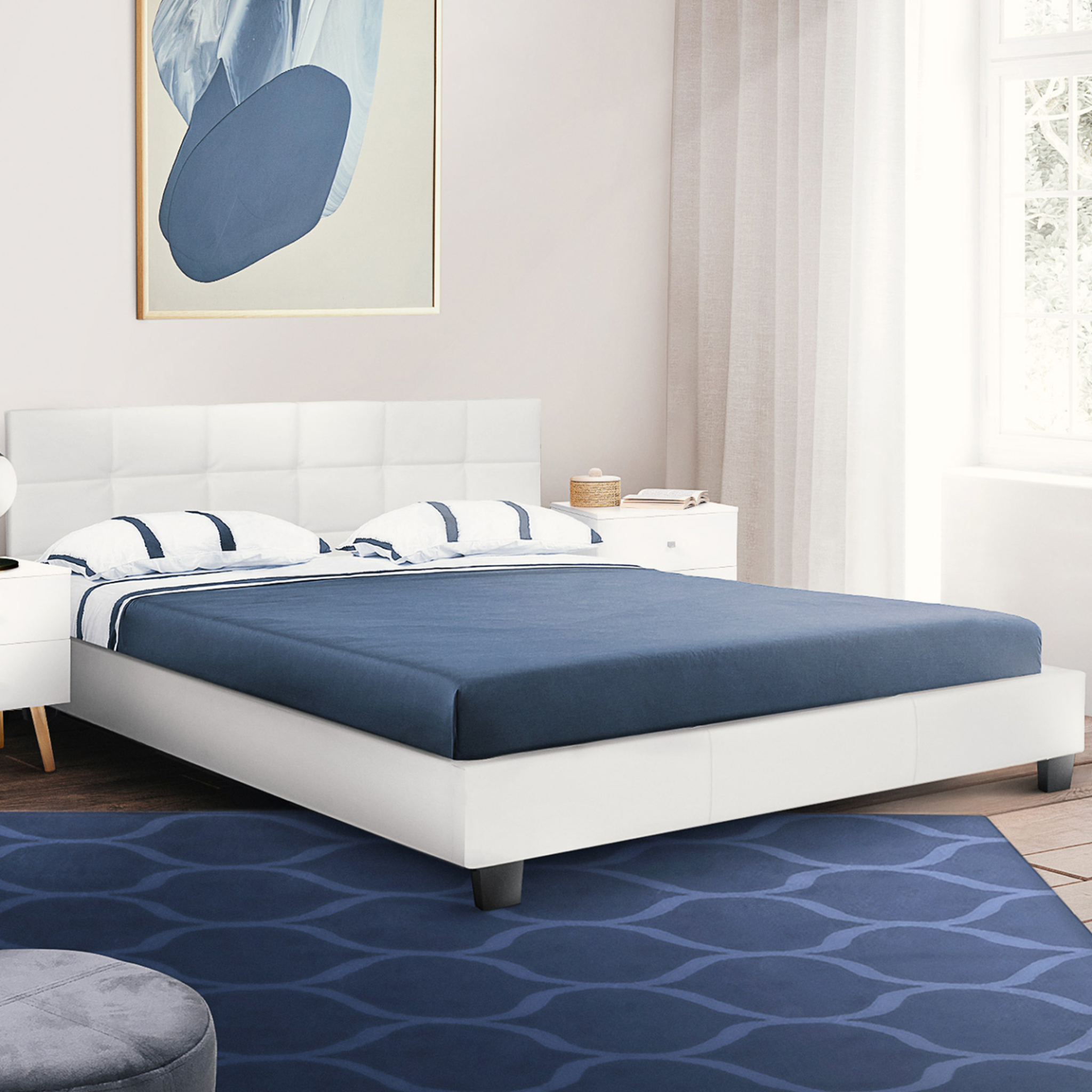 Voir la diapositive 2 : ID MARKET Lit double charlotte avec tête de lit et sommier 140 x 190 cm pvc blanc