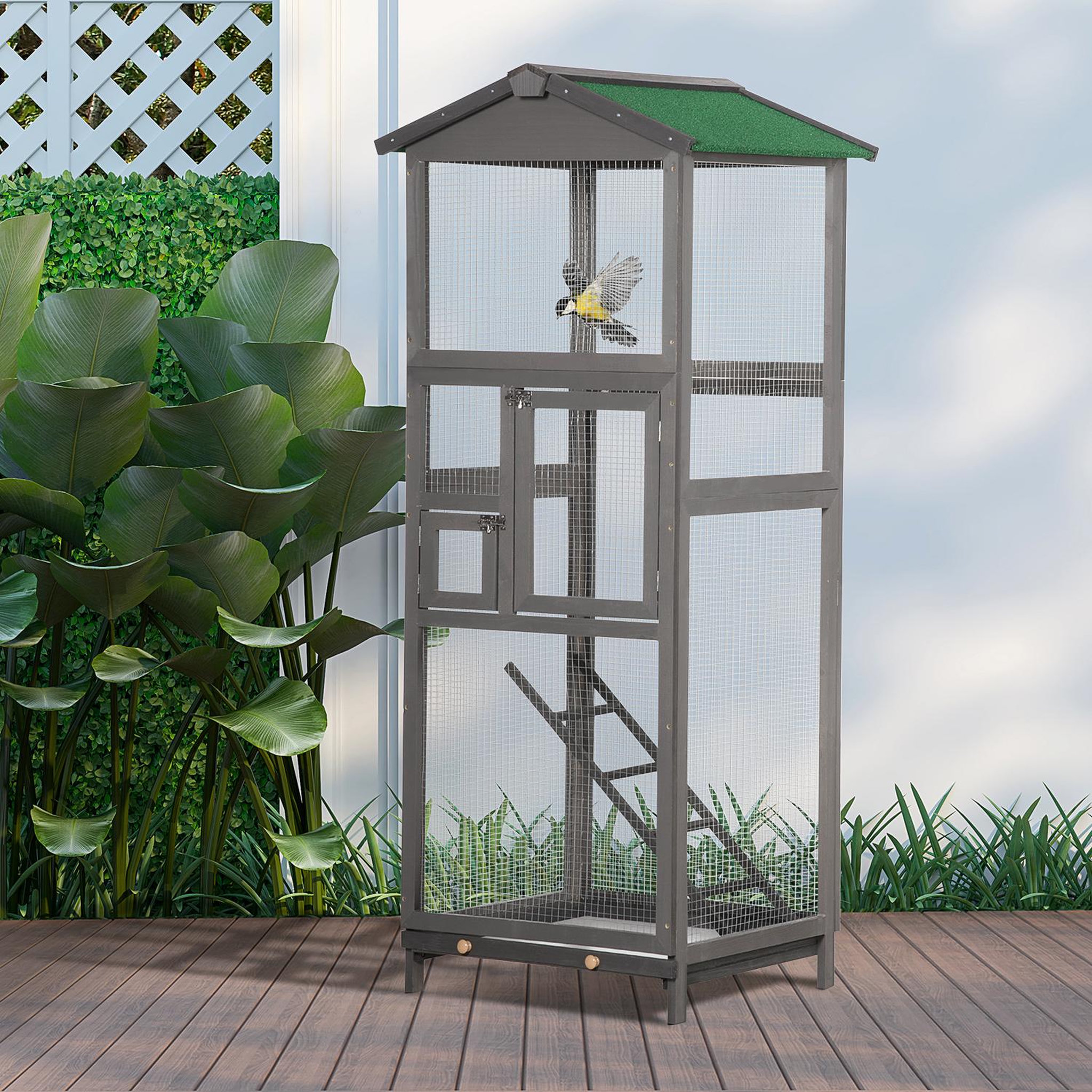 Voir la diapositive 2 : PAWHUT Cage à oiseaux volière grande taille 2 portes toit asphalte tiroir amovible bois gris