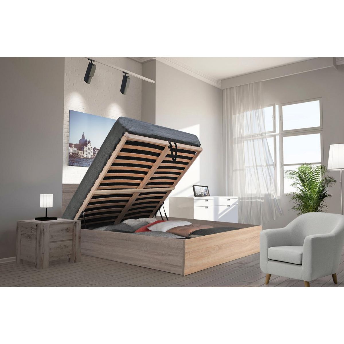 Ensemble Lit coffre avec sommier relevable  140x190 cm BARCELONA + matelas 140x190 cm DIONE