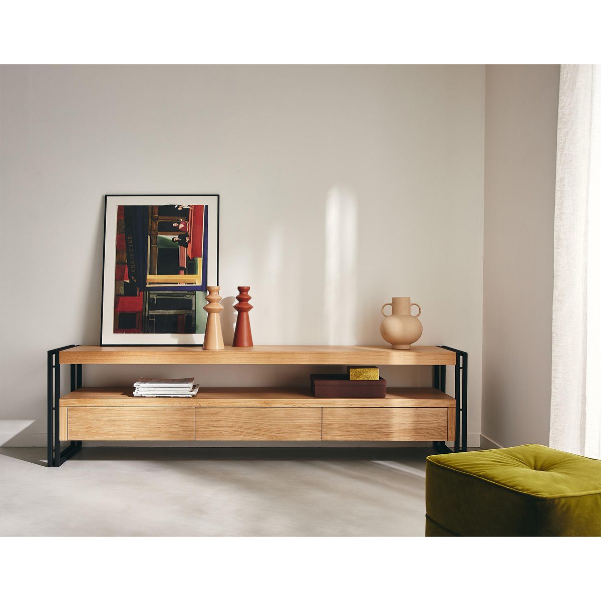 LISA DESIGN Bogota - meuble tv - bois plaquage chêne et noir - 3 tiroirs - 200 cm
