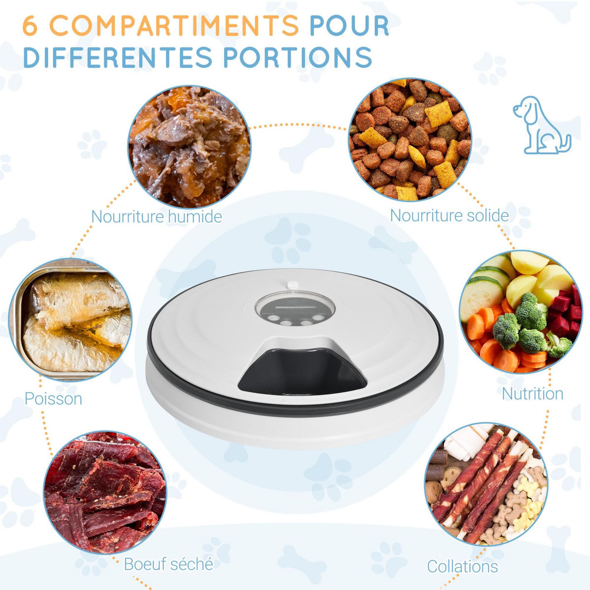 PAWHUT Distributeur de nourriture chat chien - distributeur automatique programmable - 6 compartiments - écran LED - fonction musicale intégrée - ABS gris blanc